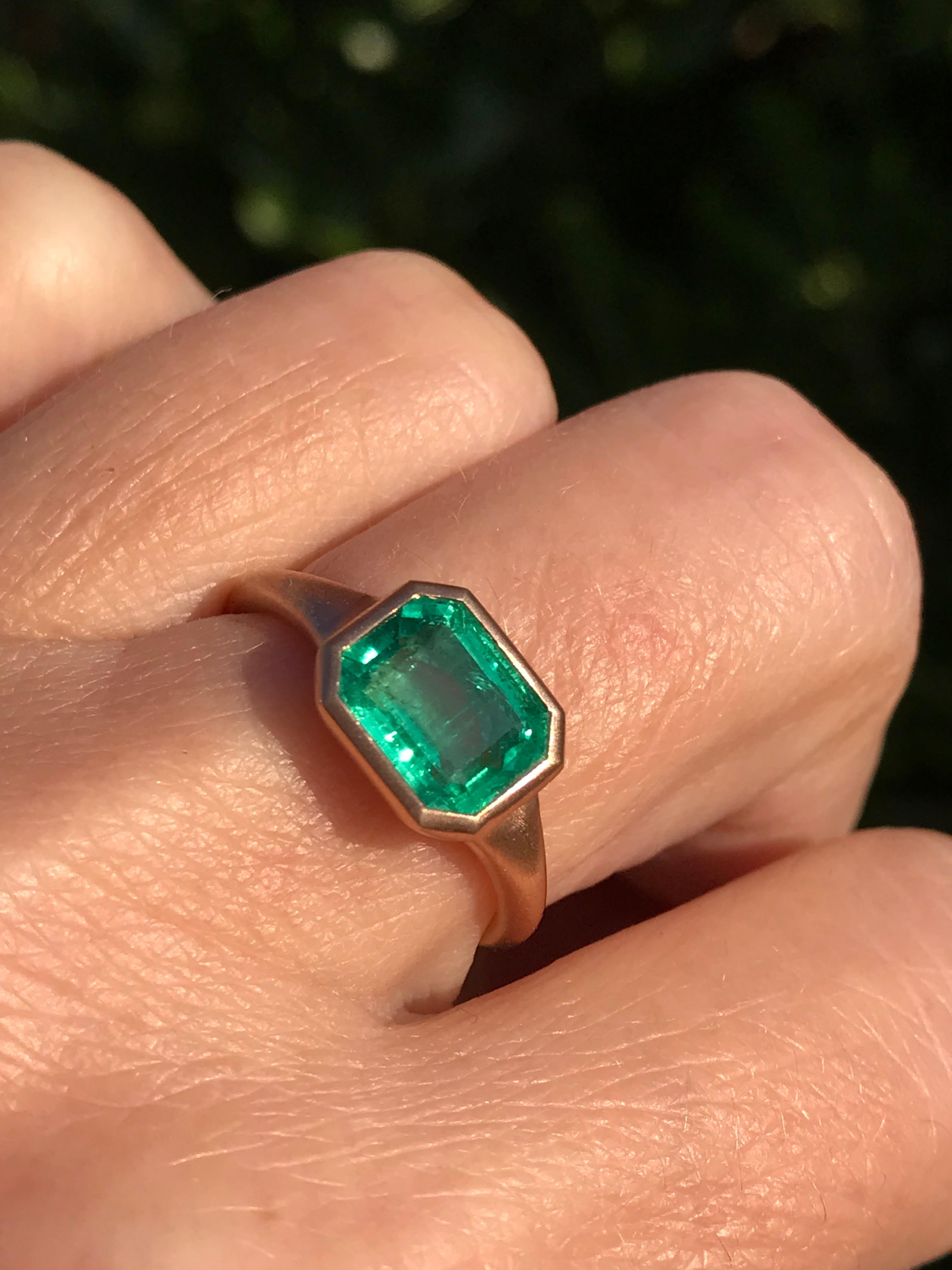 Dalben design One of a Kind 18k rose gold satin finishing ring with a 2,38 carat bezel-set emerald cut emerald. 
Ring size6 3/4+ USA , 54 EU  re-sizable to most finger sizes. 
Bezel stone dimensions :
width 10,3 mm
height 8,5 mm
The ring has been