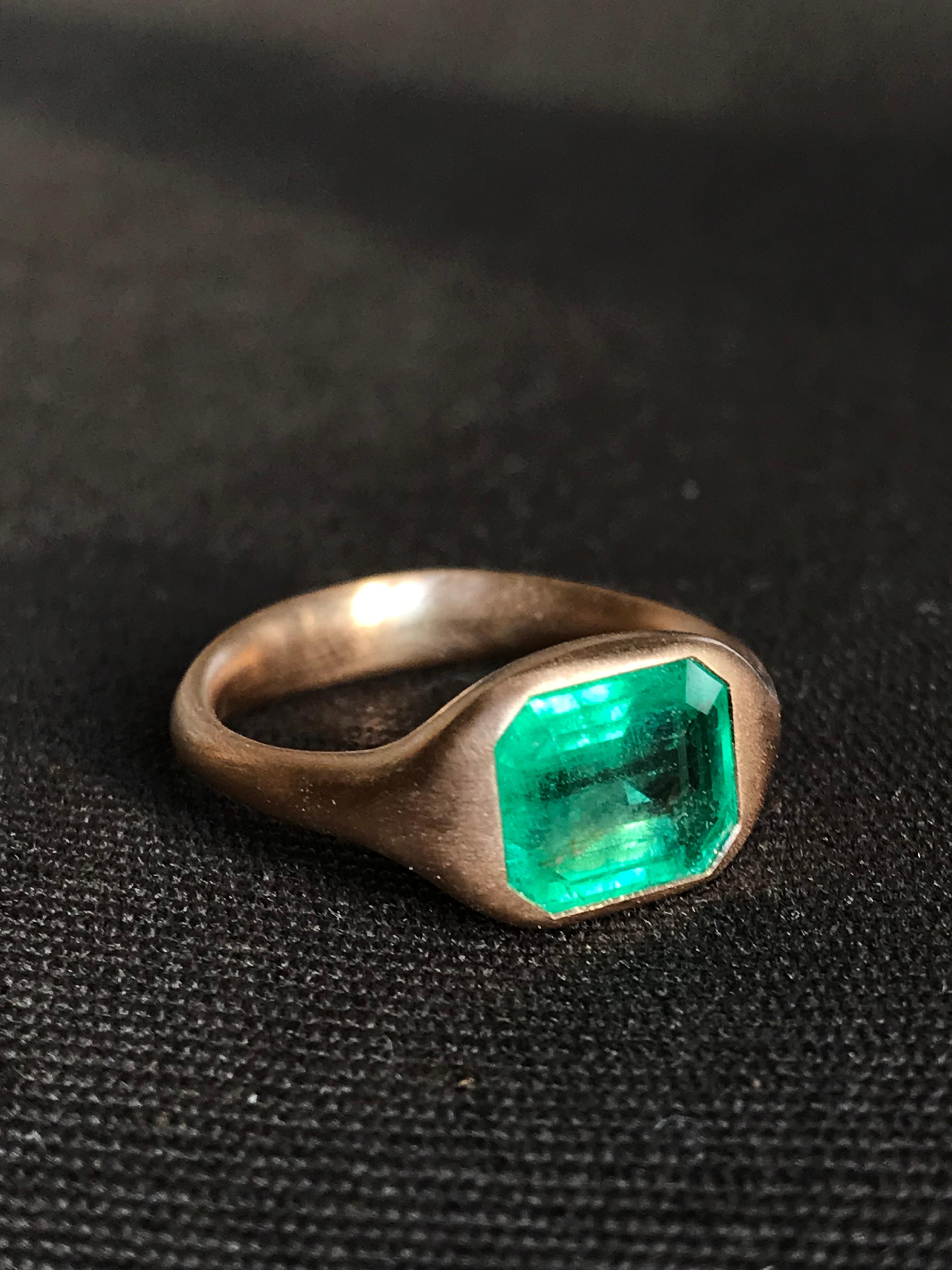 Dalben design One of a Kind 18k rose gold satin finishing ring with a 2,33 carat bezel-set emerald cut emerald. 
Ring size 7 1/4  USA - EU 55 re-sizable to most finger sizes. 
Bezel stone dimensions :
width 11,8 mm
height 9,3 mm
The ring has been