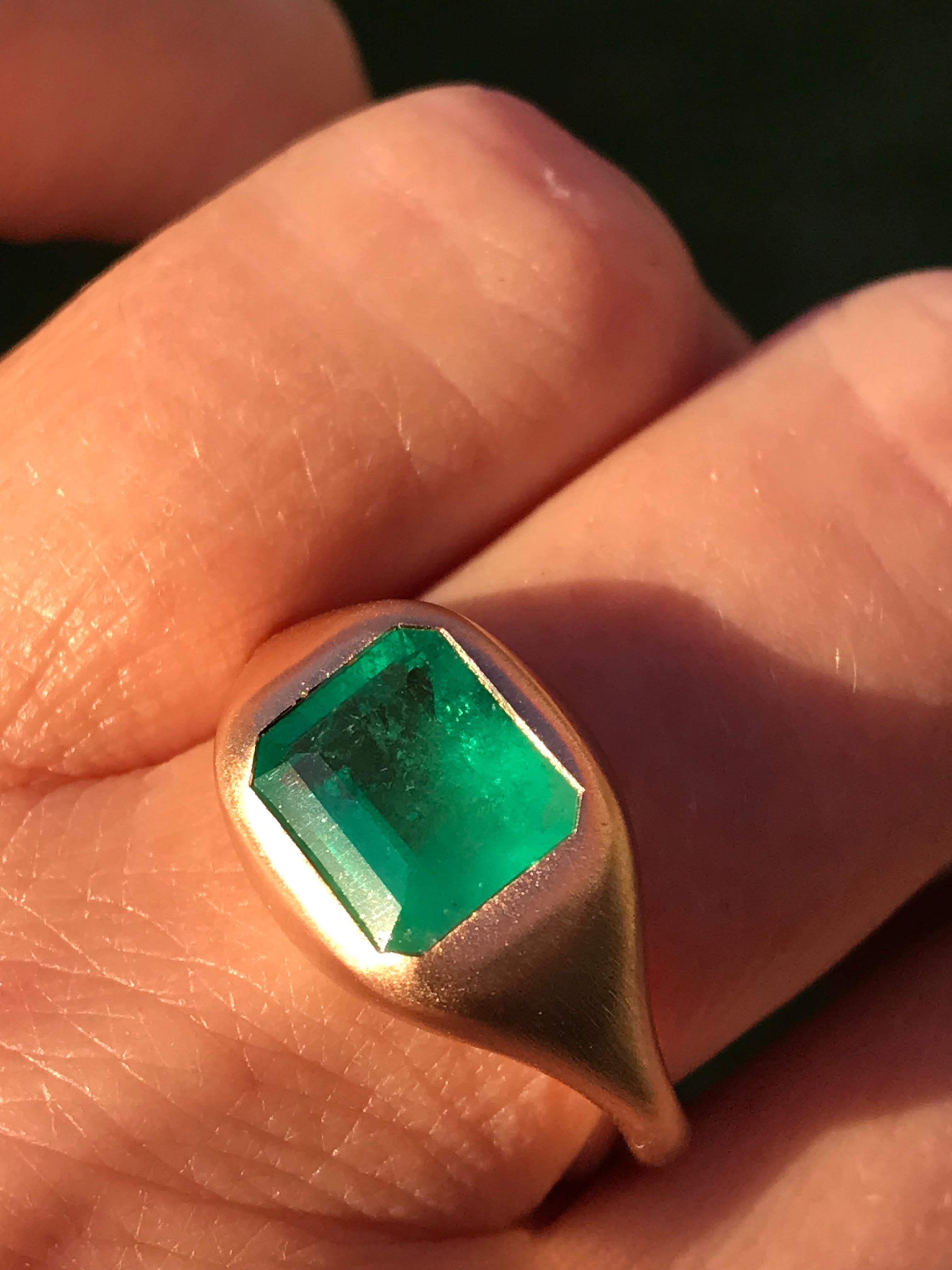 Dalben design One of a Kind 18k rose gold satin finishing ring with a 2,46 carat emerald cut certified Colombian emerald. 
Ring size7+ USA , 55 EU  re-sizable to most finger sizes. 
Bezel stone dimensions :
width 11,7 mm
height 11,3 mm
The ring has
