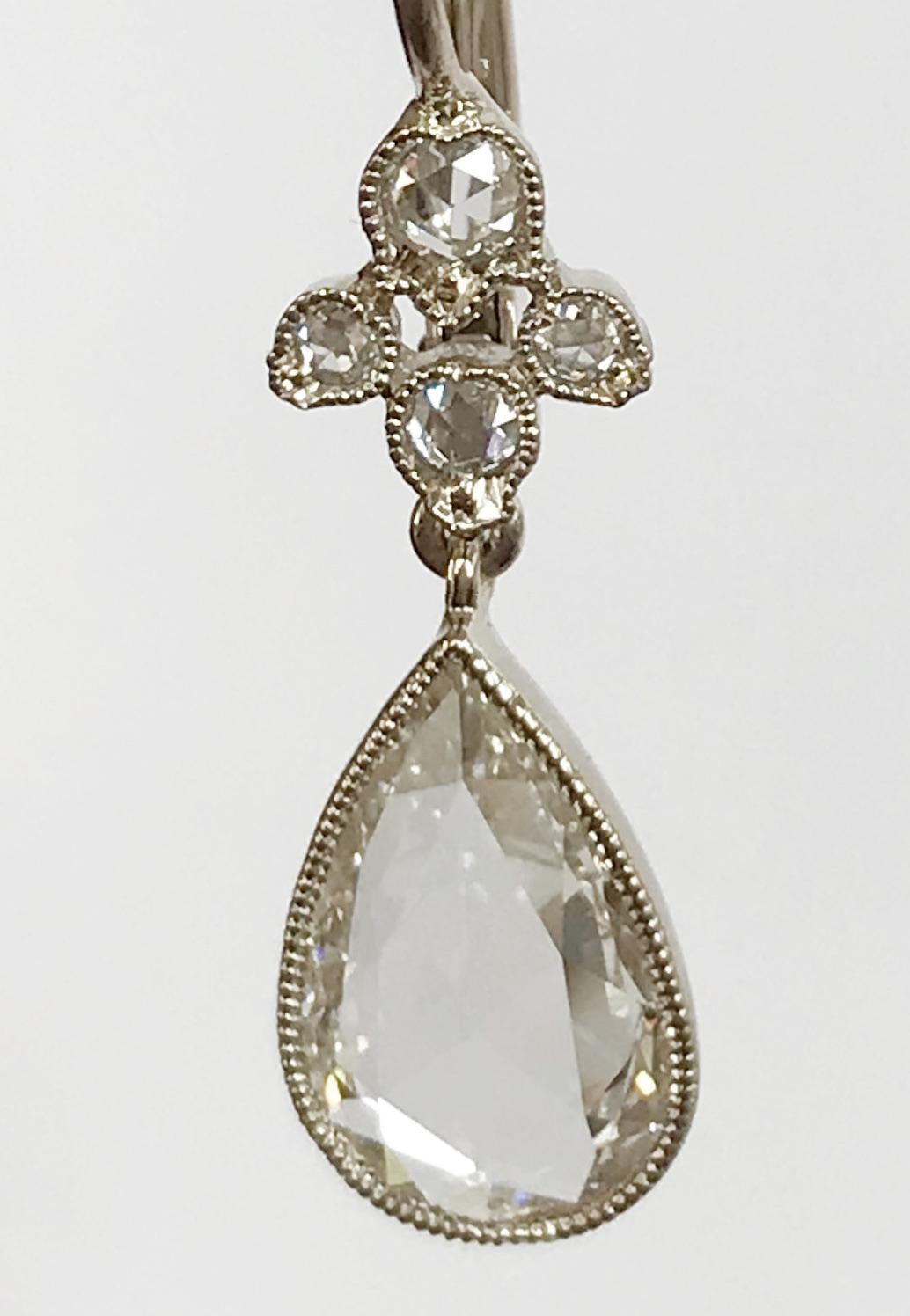 Dalben 2, 51 Carat Drop Rose Cut Diamond White Gold Earrings For Sale 1