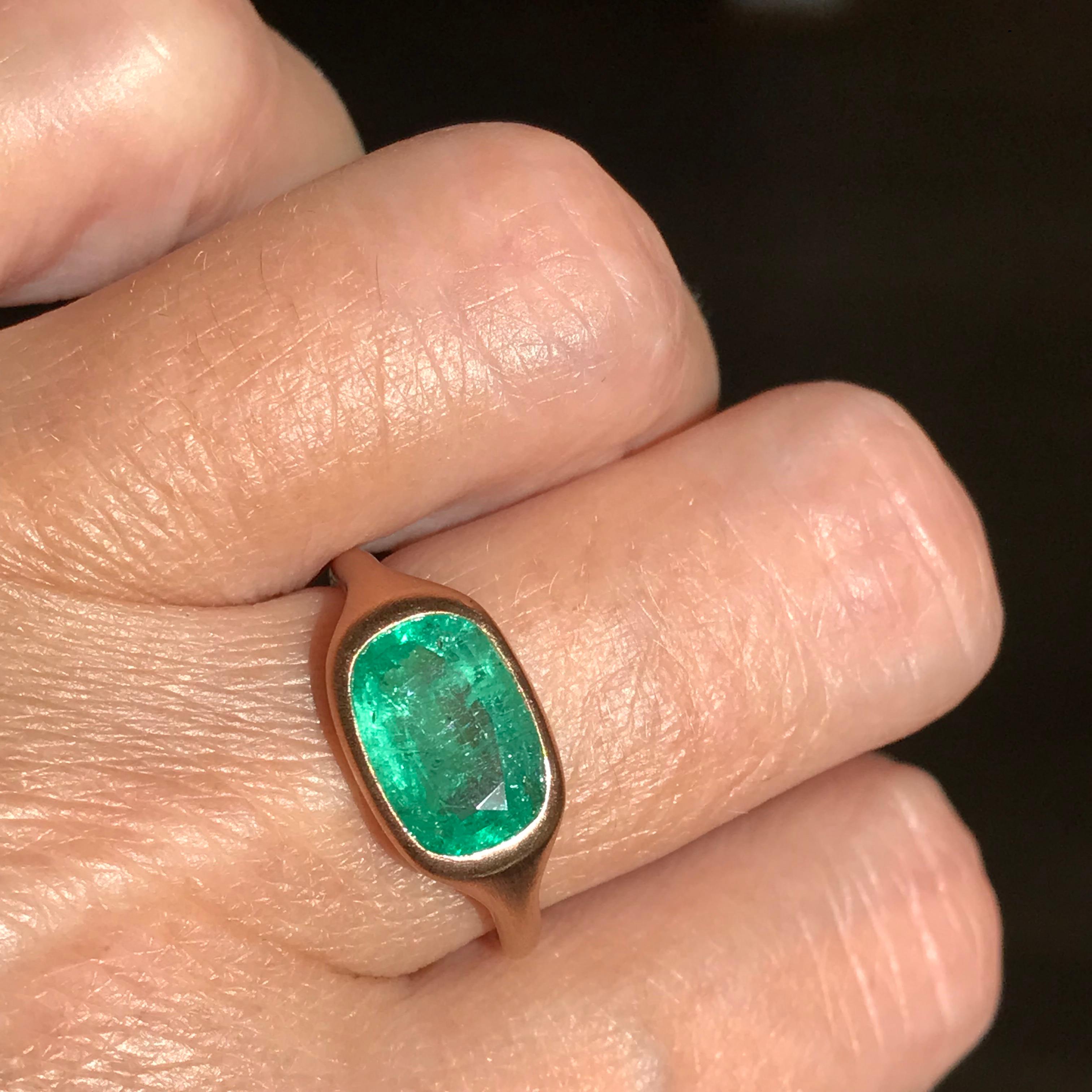Dalben design One of a Kind 18k rose gold satin finishing ring with a 2,65 carat bezel-set cushion cut emerald. 
Ring size 6 3/4 USA - EU 54 re-sizable to most finger sizes. 
Bezel stone dimensions :
width 12 mm
height 8,7 mm
The ring has been