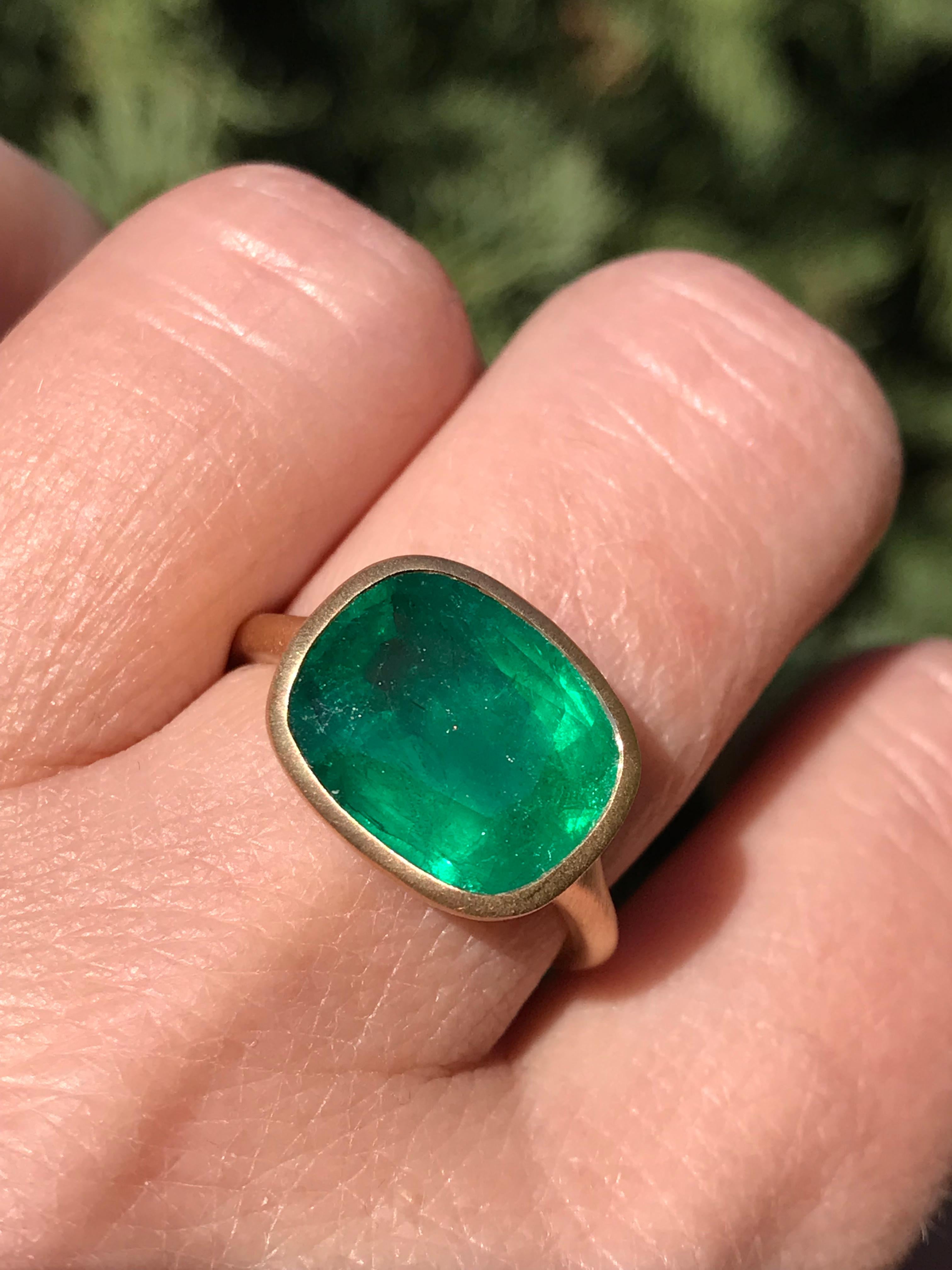 Dalben design One of a Kind 18k yellow gold satin finishing ring with a 4,9 carat bezel-set cushion cut emerald. 
Ring size 6 3/4  USA - EU 54 re-sizable to most finger sizes. 
Bezel stone dimensions :
width 14,26 mm
height 11,6 mm
The ring has been