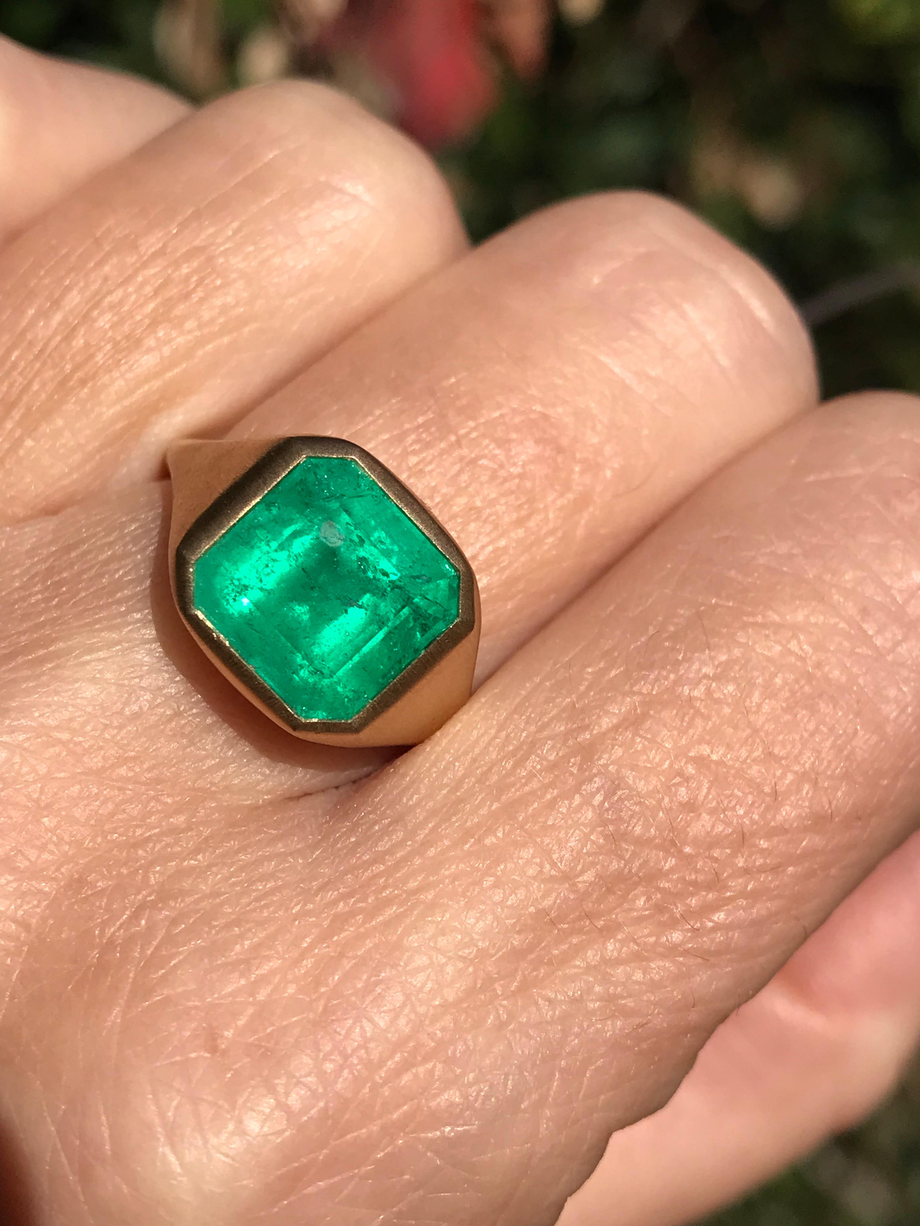 Dalben design One of a Kind 18k yellow gold satin finishing ring with a 4,12 carat bezel-set emerald cut emerald. 
Ring size 7 1/4  USA - EU 55 re-sizable to most finger sizes. 
Bezel stone dimensions :
width 11,3 mm
height 11,2 mm
The ring has been