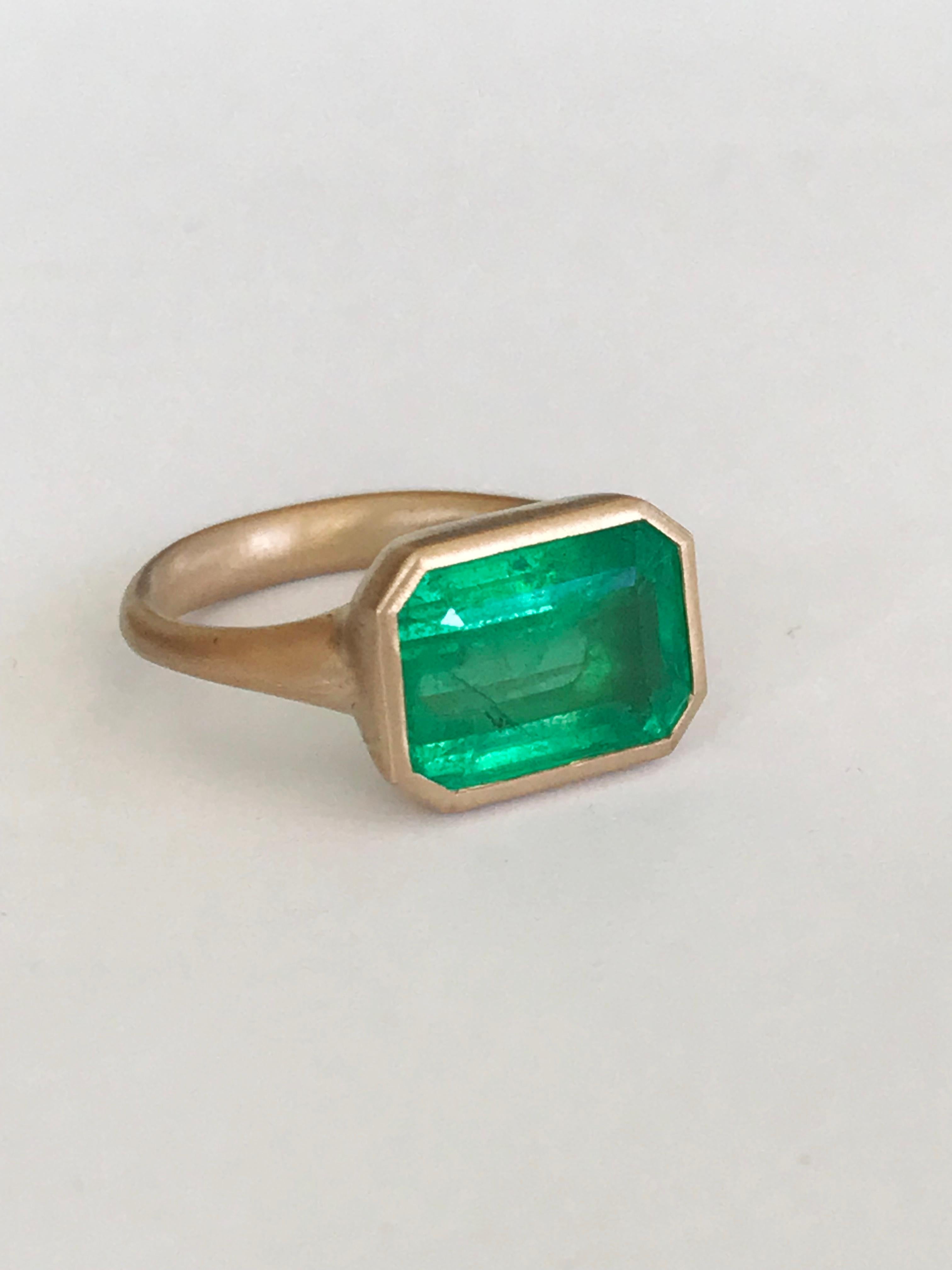 Dalben design One of a Kind 18k rose gold satin finishing ring with a 5,1 carat bezel-set emerald cut emerald. 
Ring size 7 1/4  USA - EU 55 re-sizable to most finger sizes. 
Bezel stone dimensions :
width 13,4 mm
height 10,3 mm
The ring has been