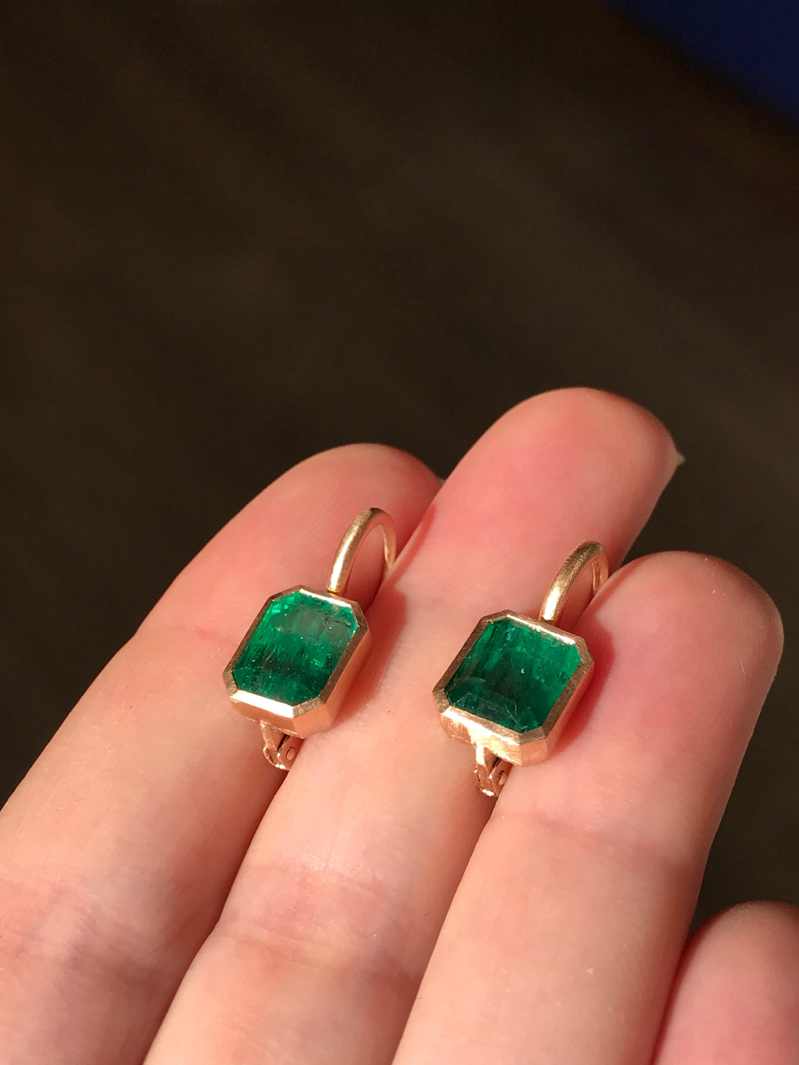 Emerald Cut Dalben 5, 4 Carat Deep Green Emerald Rose Gold Earrings