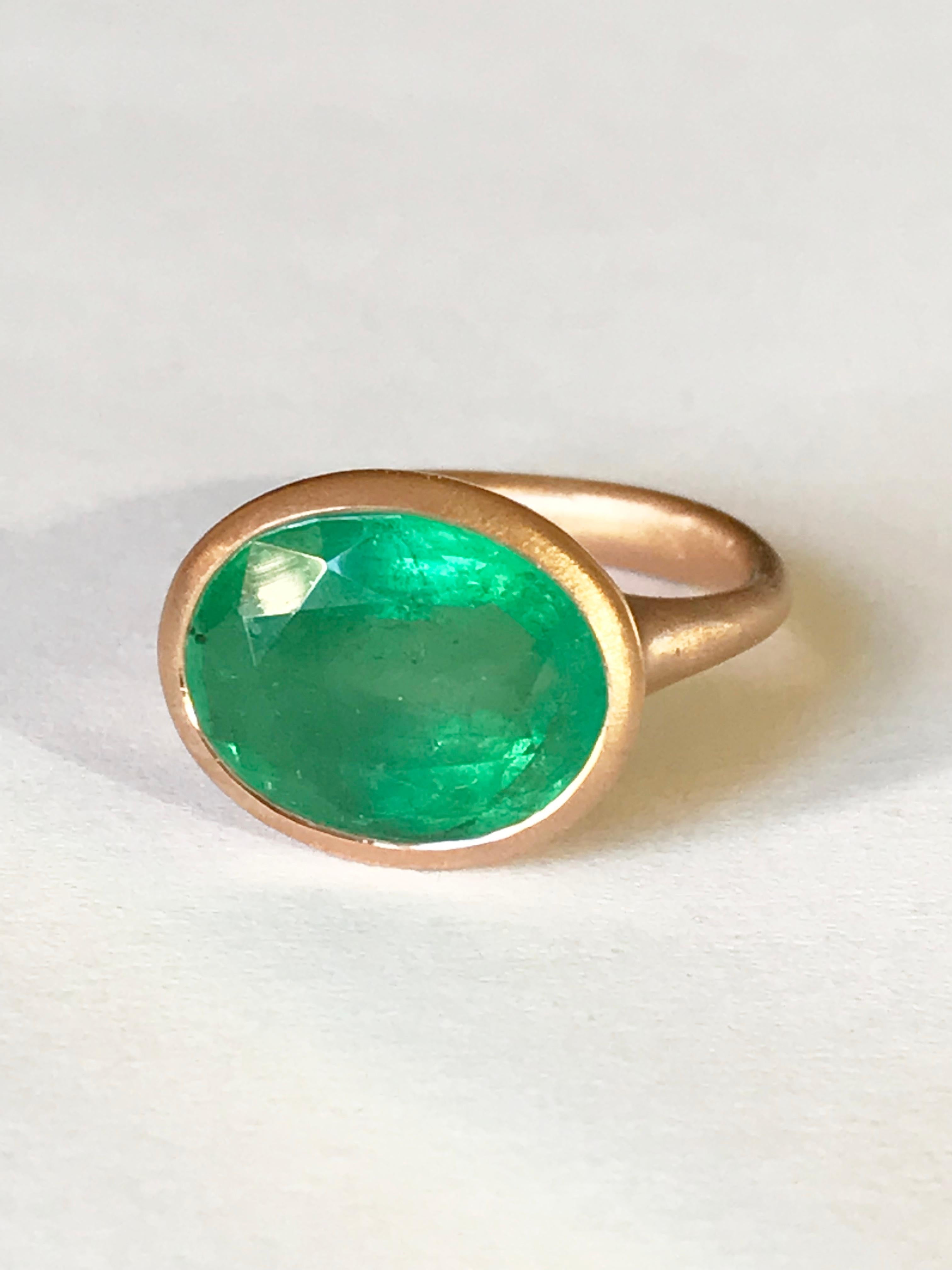 Dalben design One of a Kind 18k rose gold satin finishing ring with a 6,63 carat oval cut emerald. 
Ring size7+ USA , 55 EU  re-sizable to most finger sizes. 
Bezel stone dimensions :
width 16 mm
height 13,1 mm
The ring has been designed and