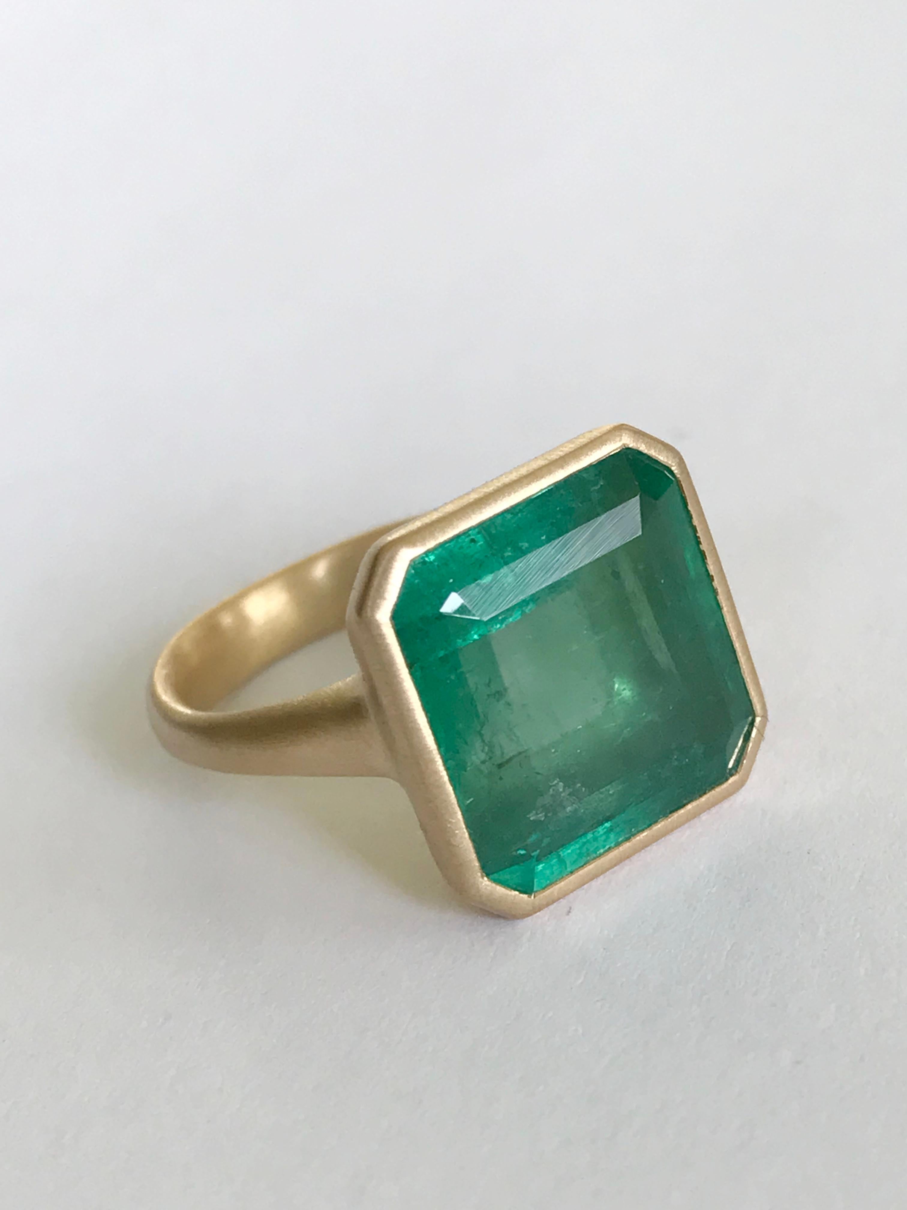 Dalben design One of a Kind 18k yellow gold satin finishing ring with a 10,63 carat bezel-set emerald cut emerald. 
Ring size 7  USA - EU 54 1/2 re-sizable to most finger sizes. 
Bezel stone dimensions :
width 14,5 mm
height 15 mm
The ring has been