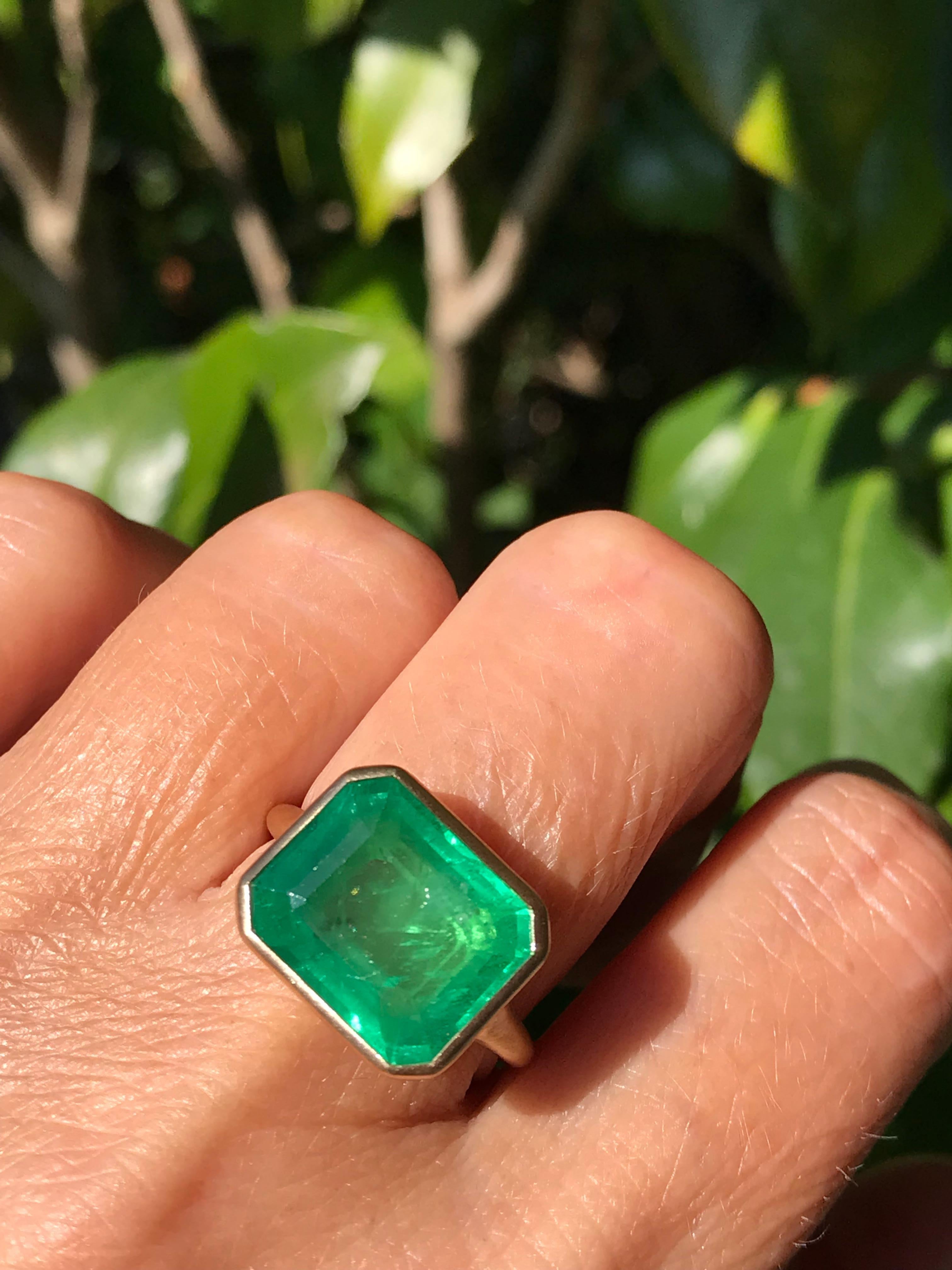 Dalben design One of a Kind 18k yellow gold satin finishing ring with a 8,00 carat emerald cut emerald. 
Ring size7+ USA , 55 EU  re-sizable to most finger sizes. 
Bezel stone dimensions :
width 14,8 mm
height 12,5 mm
The ring has been designed and