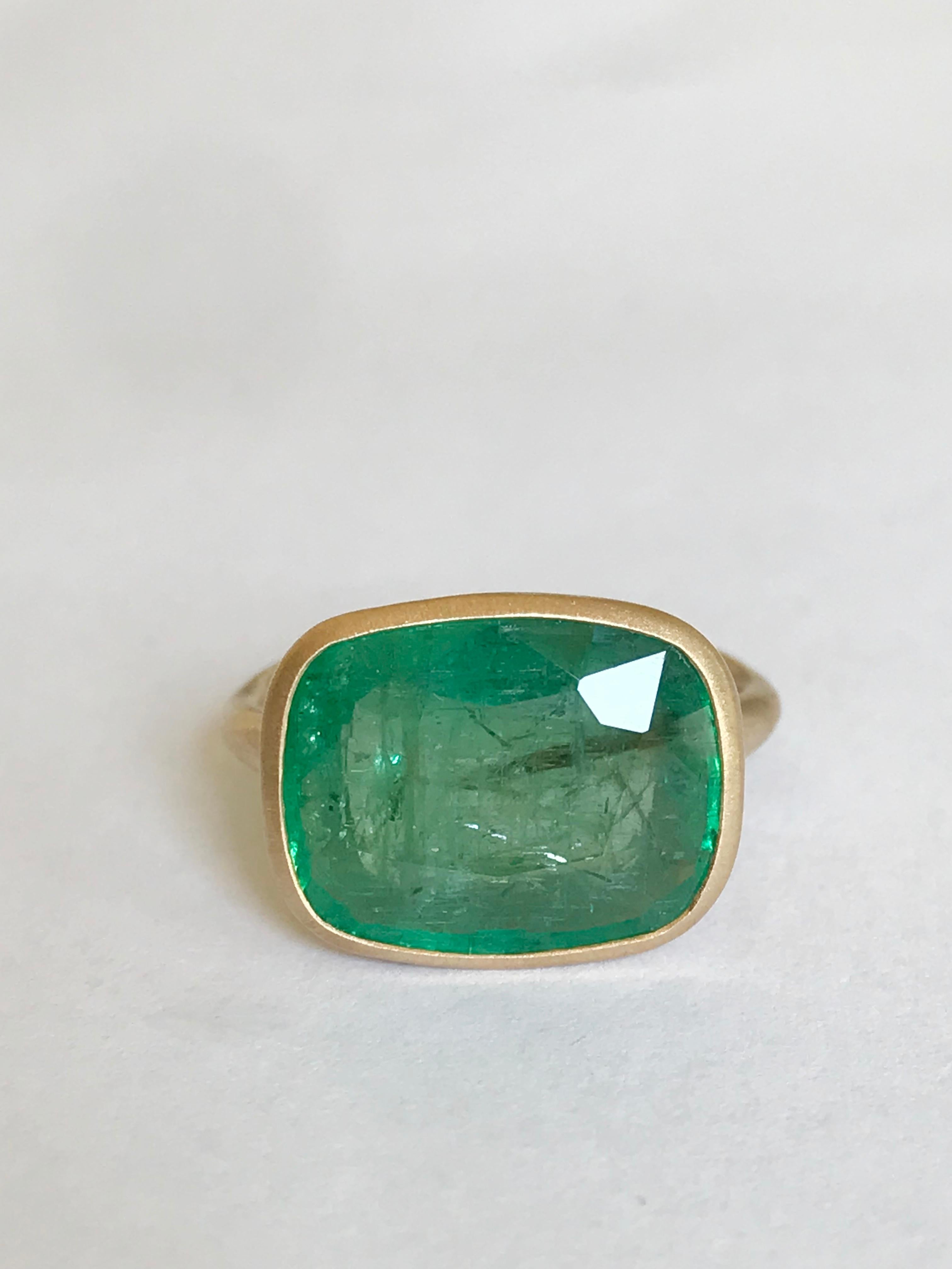Dalben design One of a Kind 18k yellow gold matte finishing ring with a 8,08 carat bezel-set cushion cut emerald. 
Ring size 7 1/4 USA - EU 55 re-sizable to some finger sizes. 
The emerald have natural visible inclusions .
Bezel stone dimensions