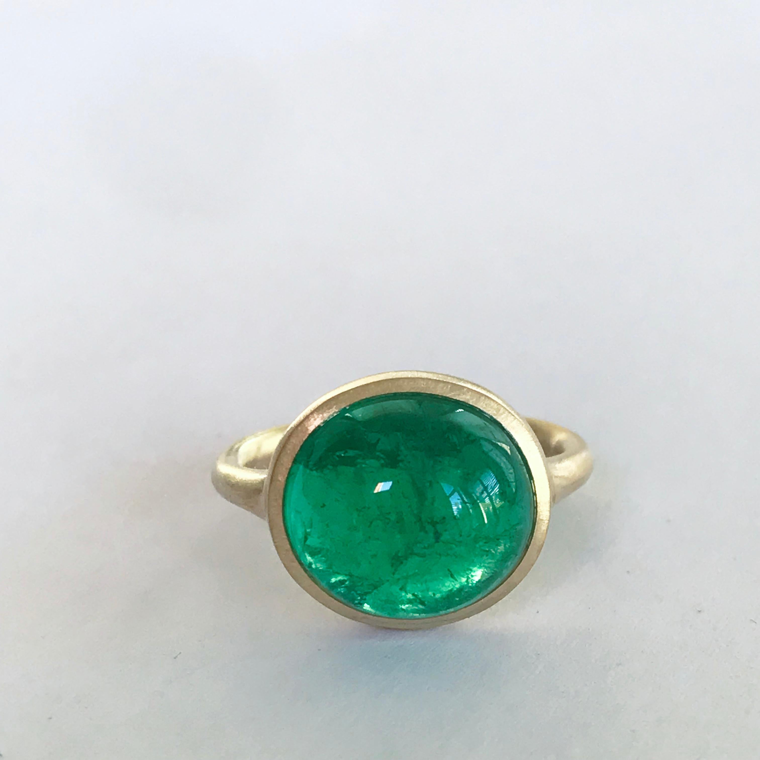 Dalben design One of a Kind 18k yellow gold matte finishing ring with a 8,89 carat bezel-set oval cabochon cut certified Colombian emerald. 
The Colombian emerald has a wonderful deep mint green color better in person then in picture.
The emerald is