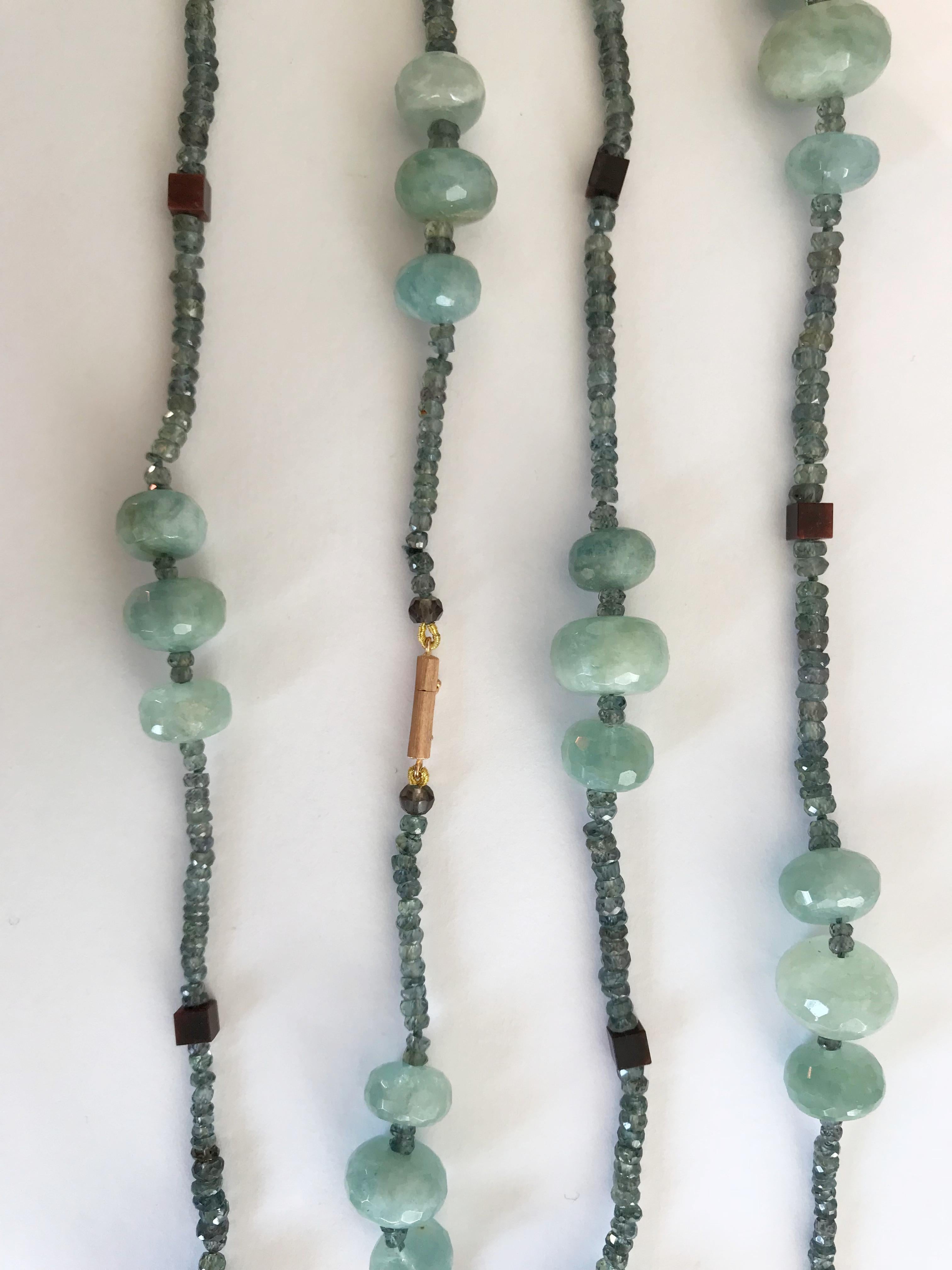 Bead Dalben Aquamarine and Sapphire Rose Gold Long Necklace For Sale
