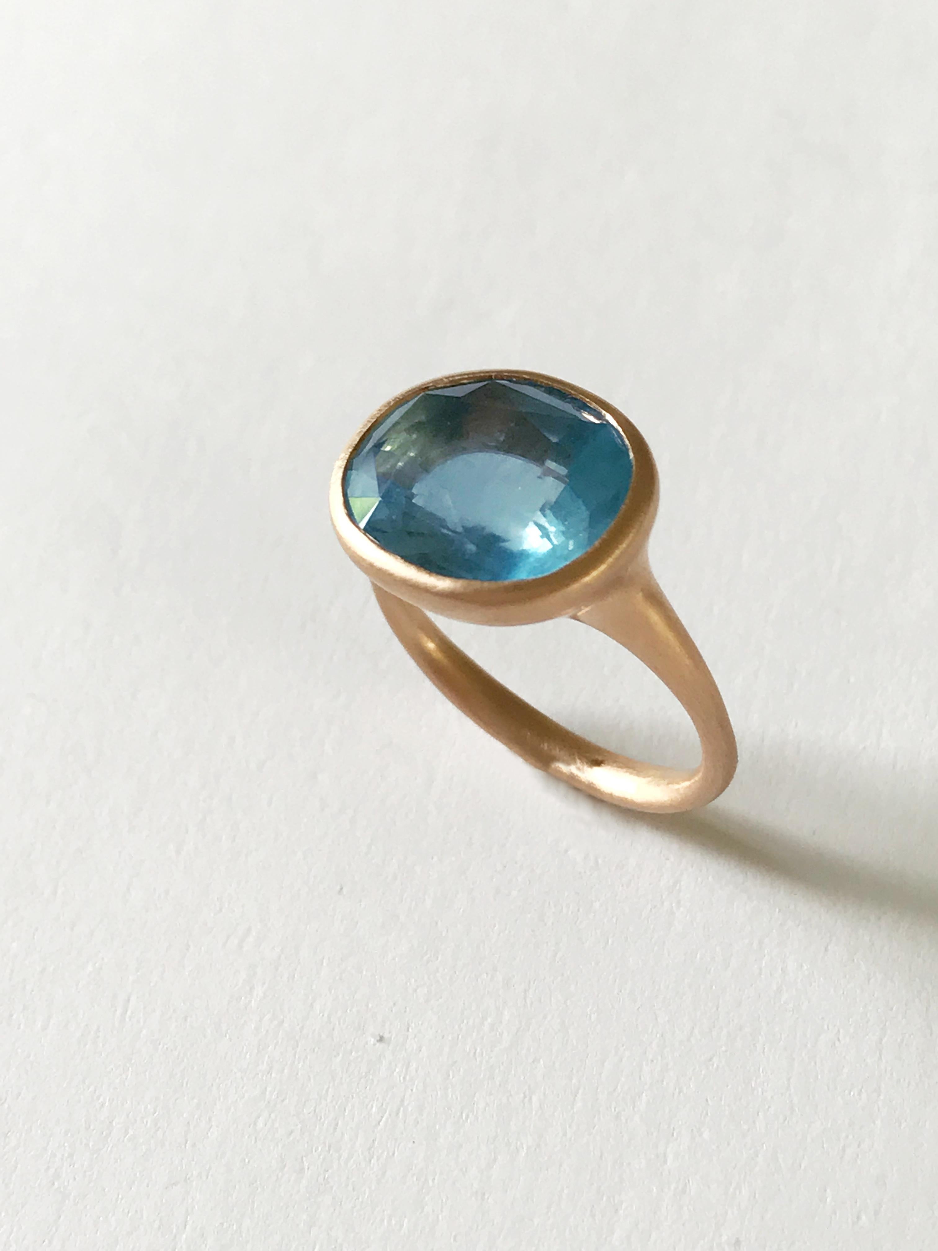 Dalben design  18k rose gold matte finishing ring with a 6,13 carat bezel-set oval faceted cut deep blue Aquamarine . 
Ring size 7 1/4 USA - EU 55 re-sizable to most finger sizes. 
Bezel stone dimensions :
height 12,8 mm
width 15 mm
The ring has