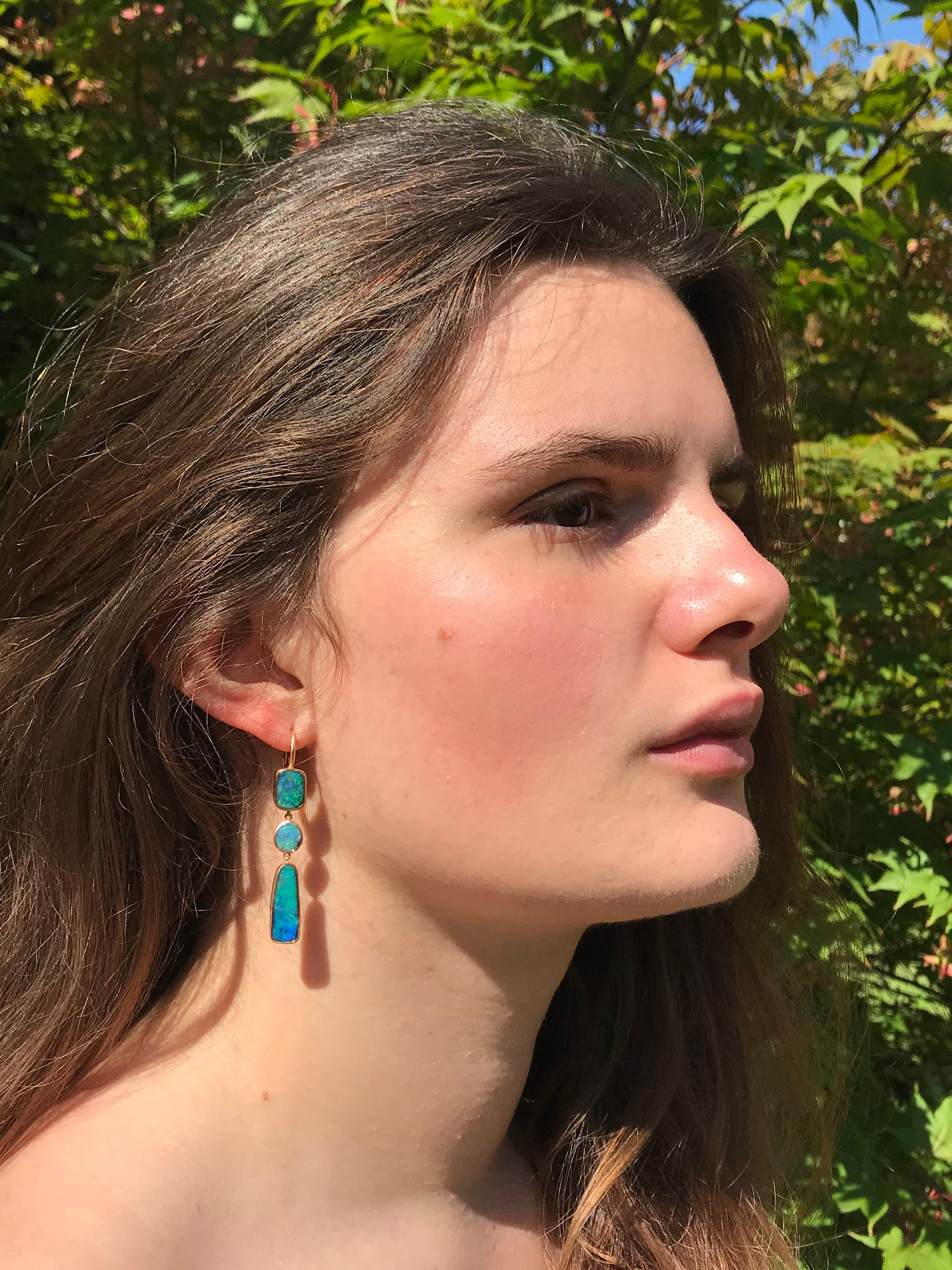 Dalben design One of a kind 18k rose gold matte finishing dangle earrings with six light blue- green bezel set Australian Boulder Opals weighing 14,48 carats. 
The opals have wonderful deep green blue color of mediterranean sea
max width 8,5 mm