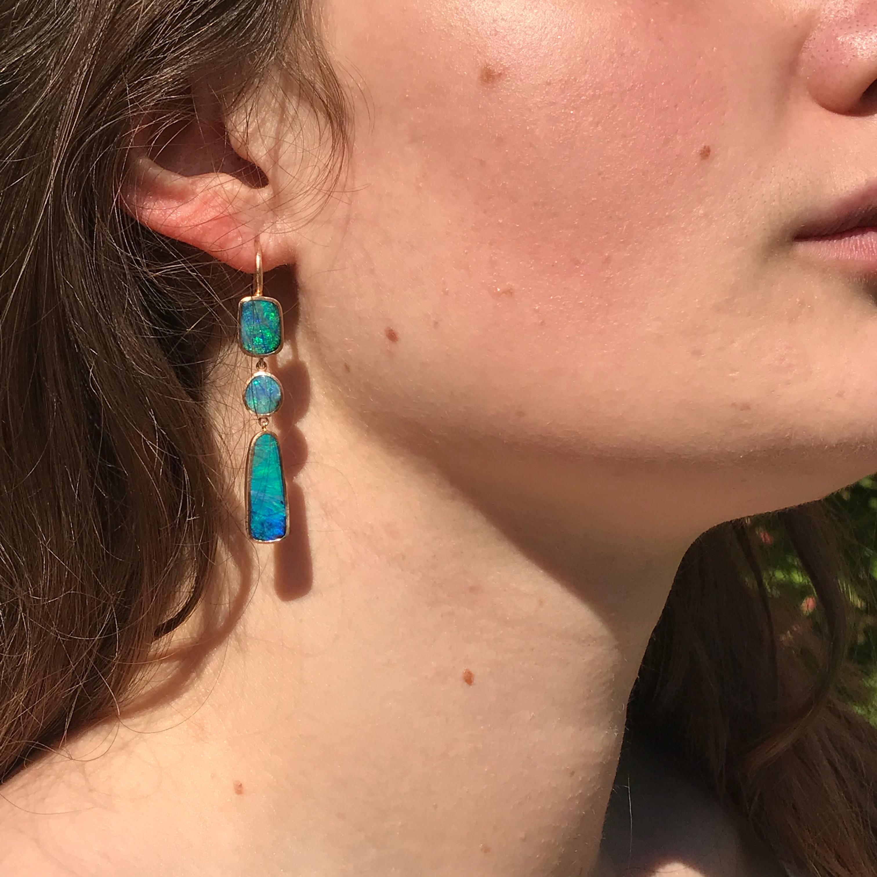Rough Cut Dalben Australian Boulder Opal Light Blue Rose Gold Dangle Earrings