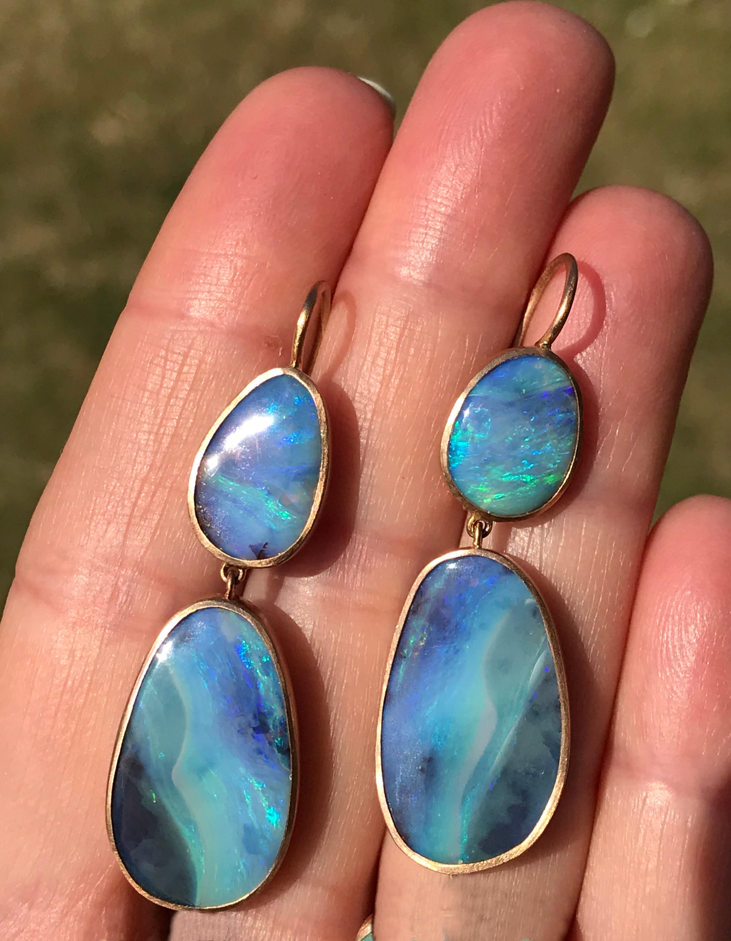 australian boulder opal drop earrings set in gold