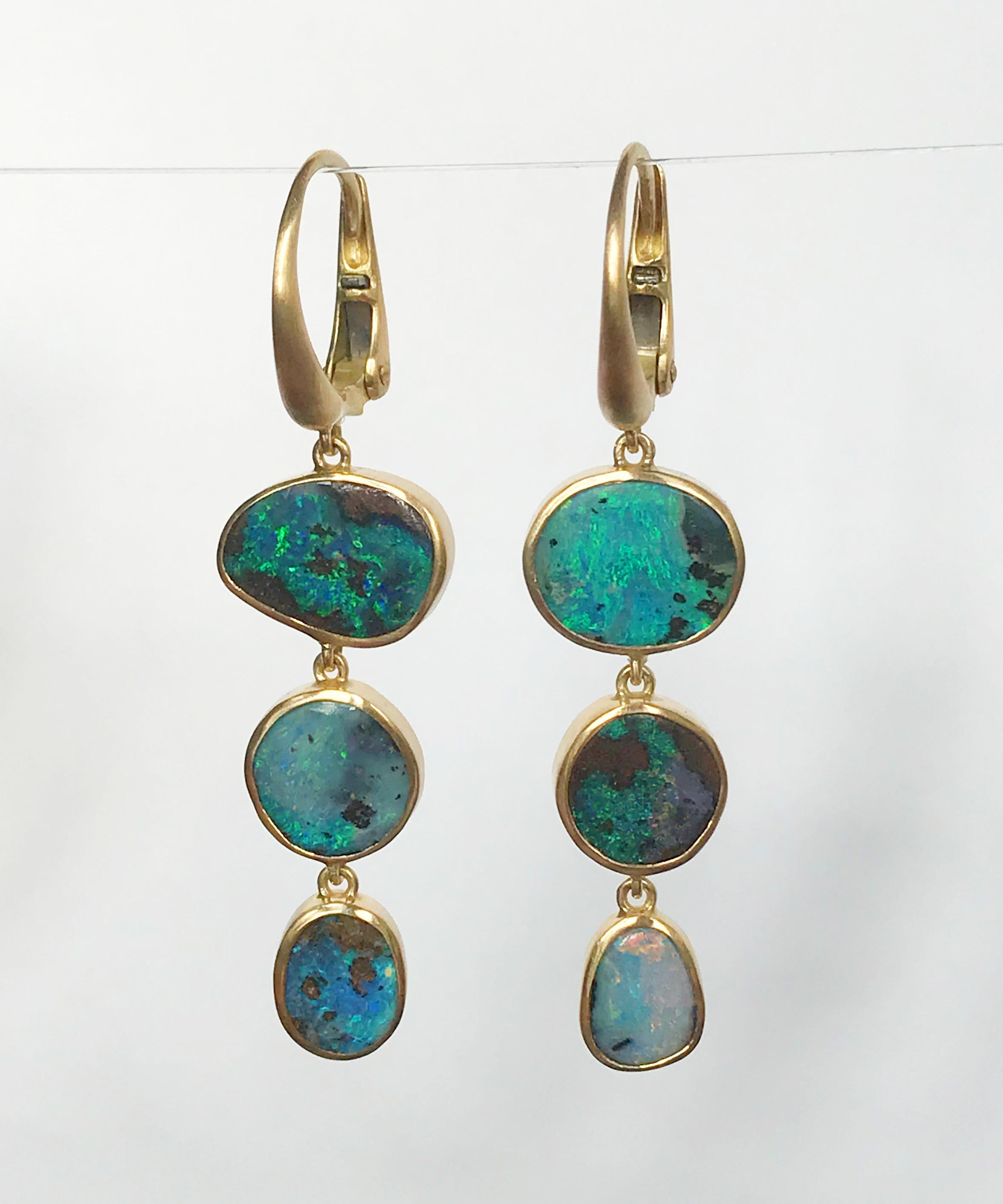 Oval Cut Dalben Australian Boulder Opal Yellow Gold Dangle Earrings For Sale