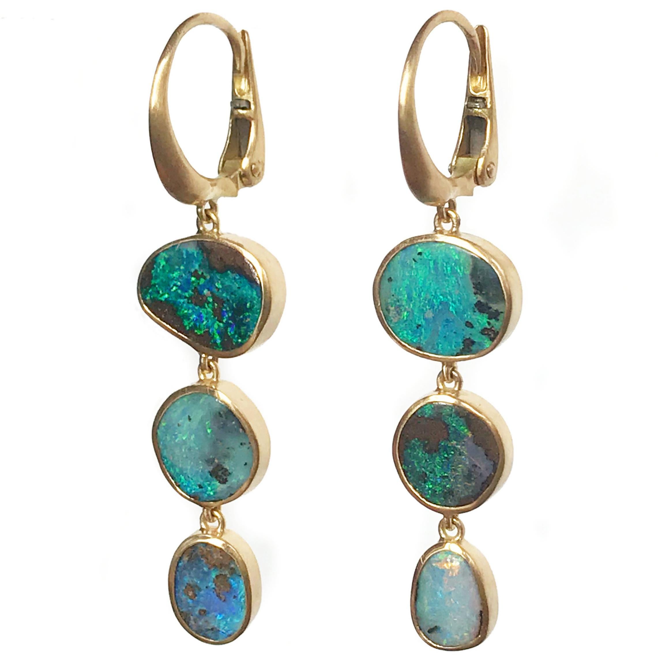 Petra Class Blue Green Australian Opal Gold Doublet Handmade Dangle