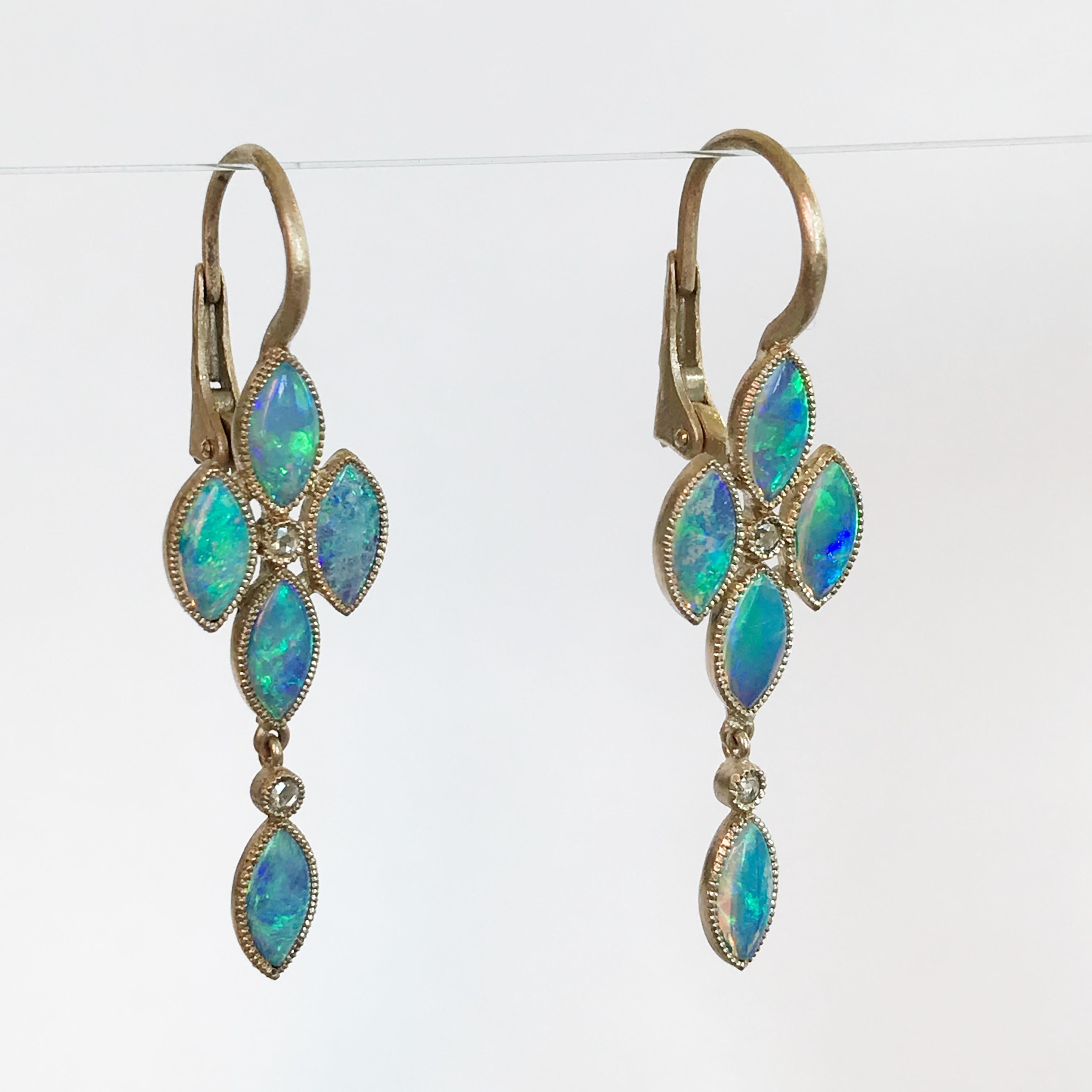 Contemporary Dalben Australian Opal Rose Cut Diamond Gold Drop Earrings For Sale