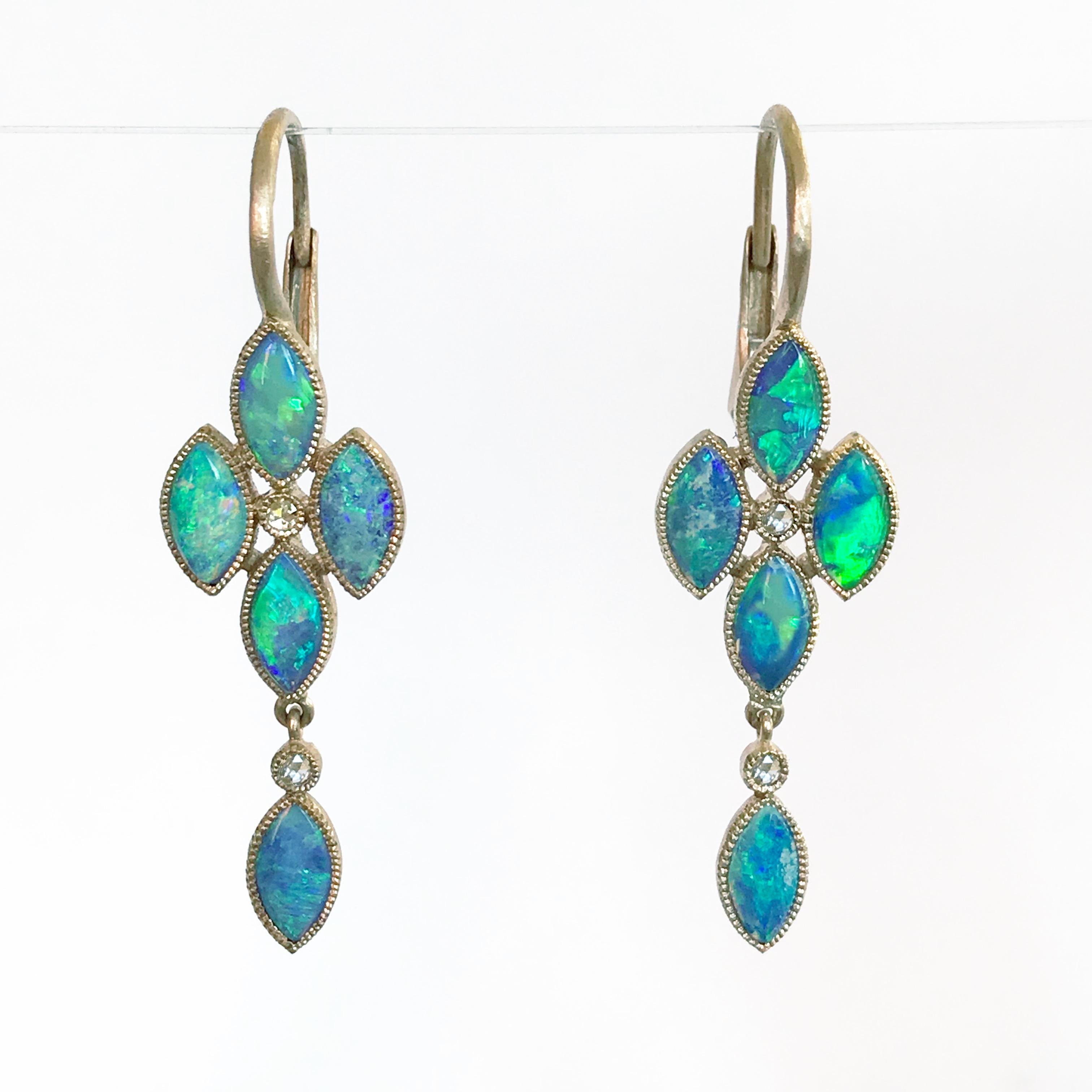 Dalben Australian Opal Rose Cut Diamond Gold Drop Earrings In New Condition For Sale In Como, IT