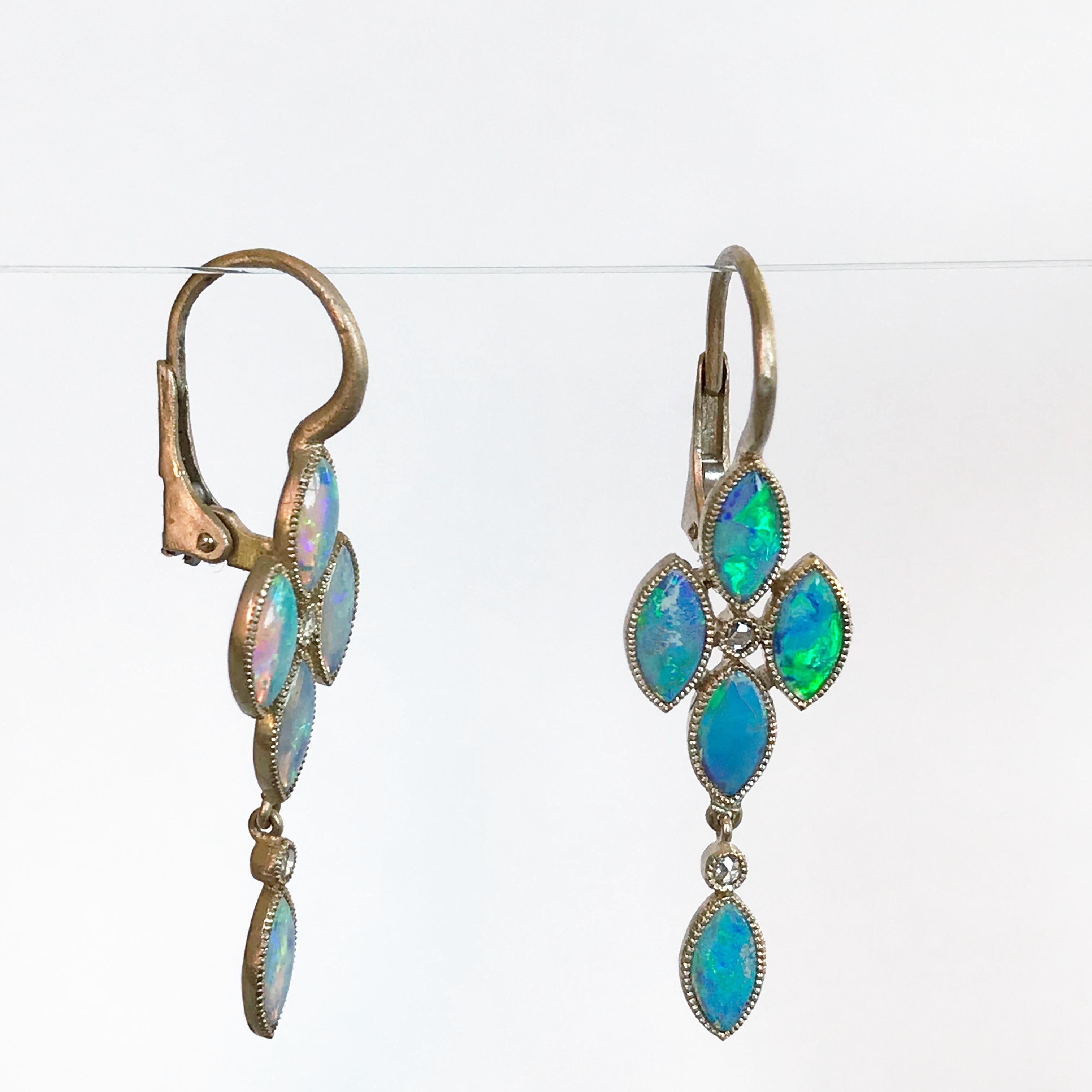 Women's Dalben Australian Opal Rose Cut Diamond Gold Drop Earrings For Sale