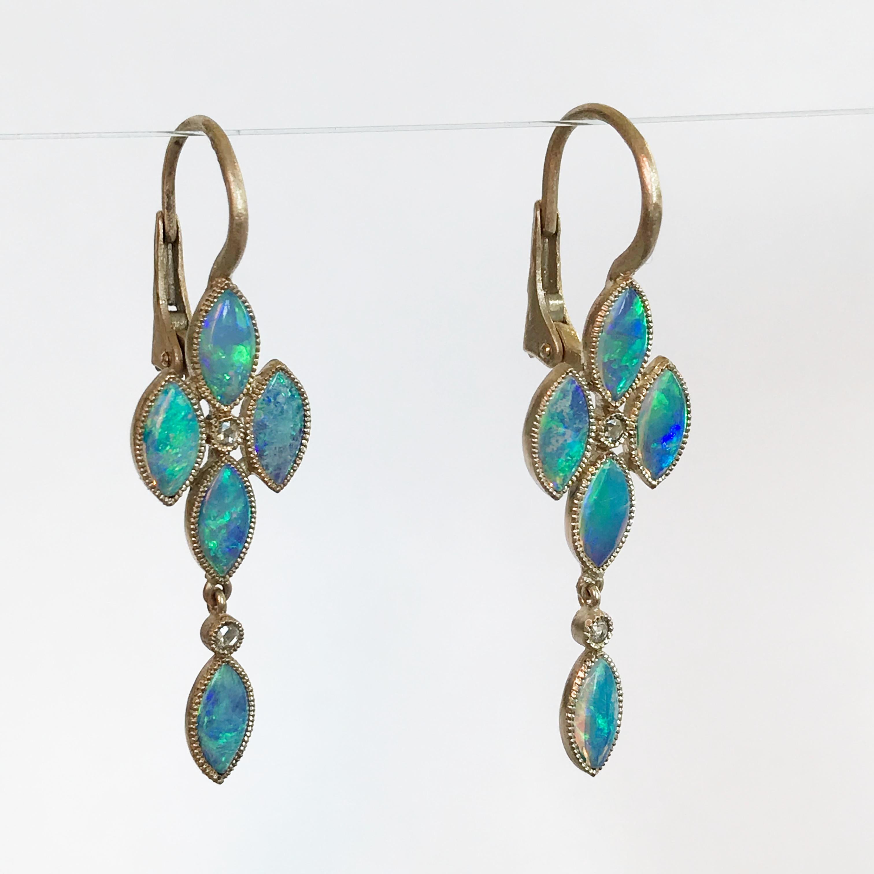 Dalben Australian Opal Rose Cut Diamond Gold Drop Earrings For Sale 1
