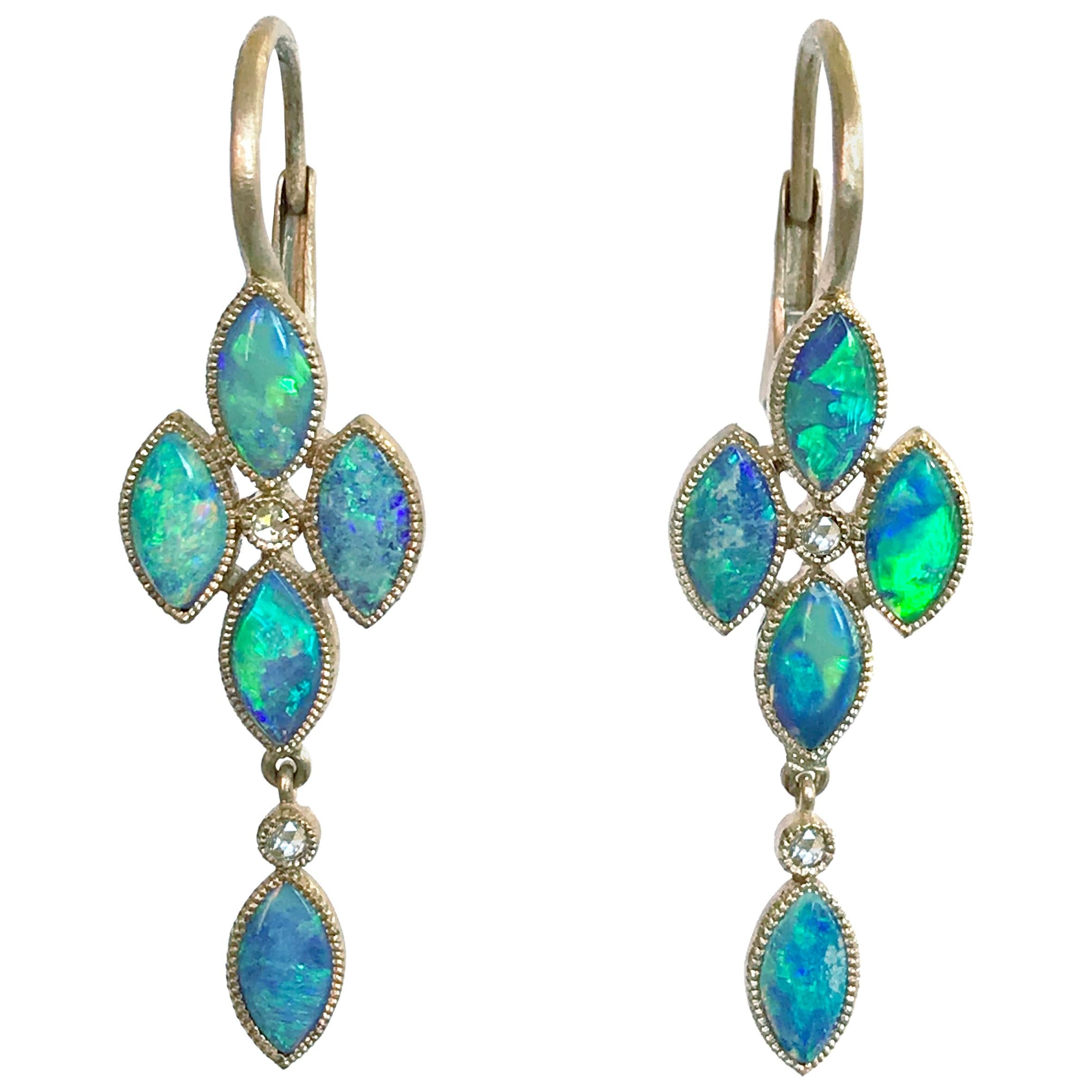 Dalben Australian Opal Rose Cut Diamond Gold Drop Earrings For Sale