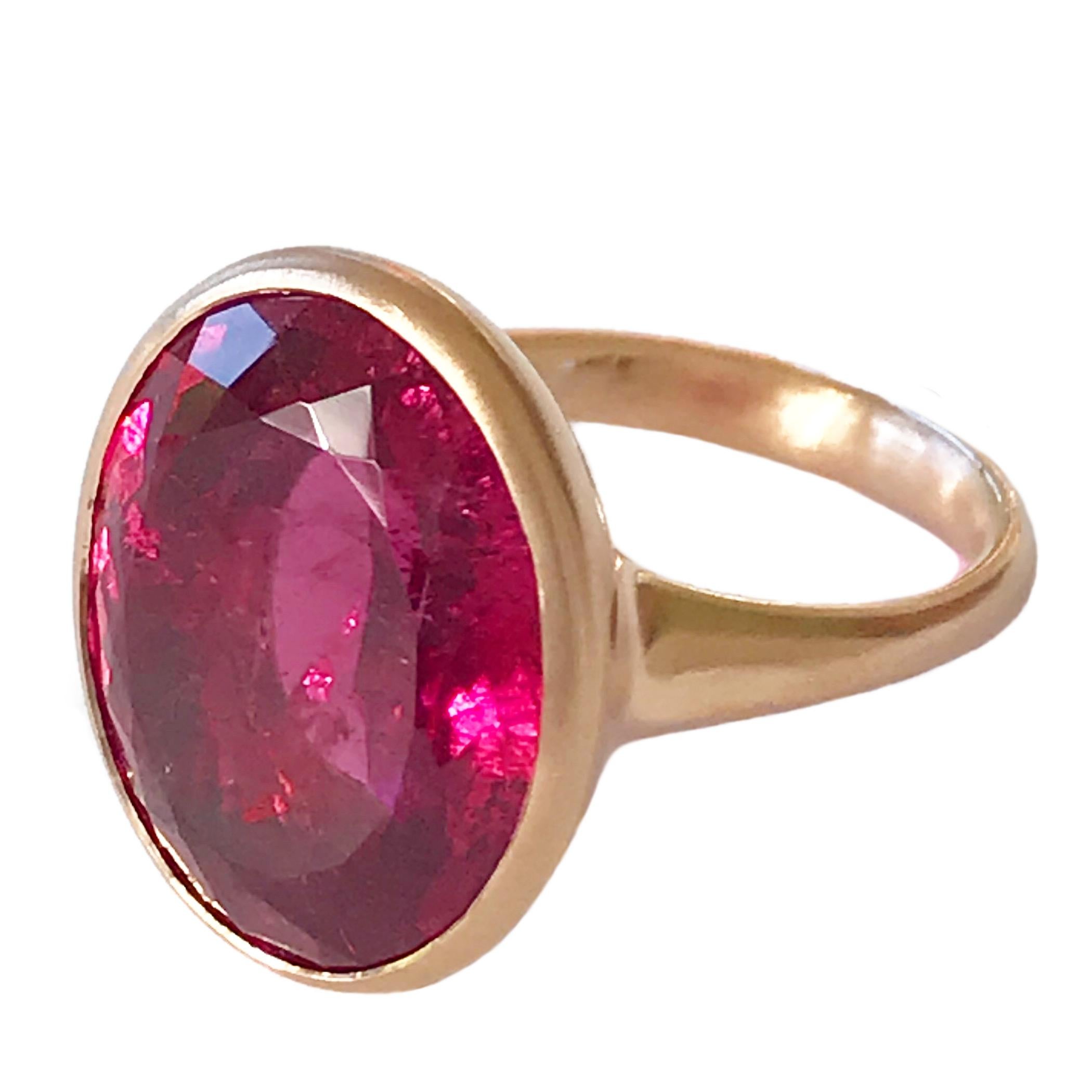 Dalben design  18k rose gold matte finishing ring with a 11,89 carat bezel-set oval faceted cut Rubellite ( Red Tourmaline ). 
Ring size 7 1/4 USA - EU 55 re-sizable to most finger sizes. 
Bezel stone dimensions :
height 18,6 mm
width 15,6 mm
The