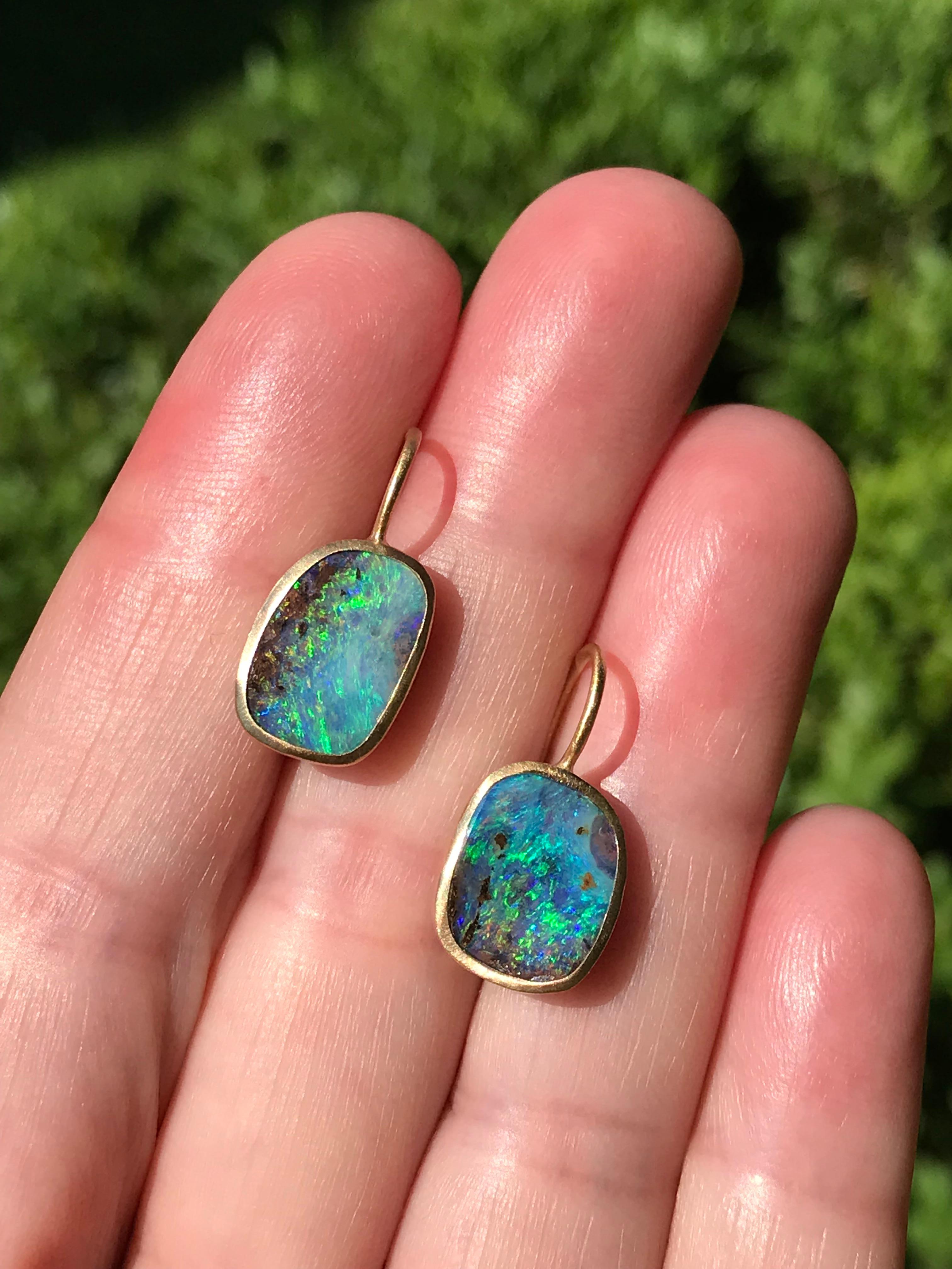 Contemporary Dalben Blue Australian Boulder Opal Yellow Gold Earrings For Sale