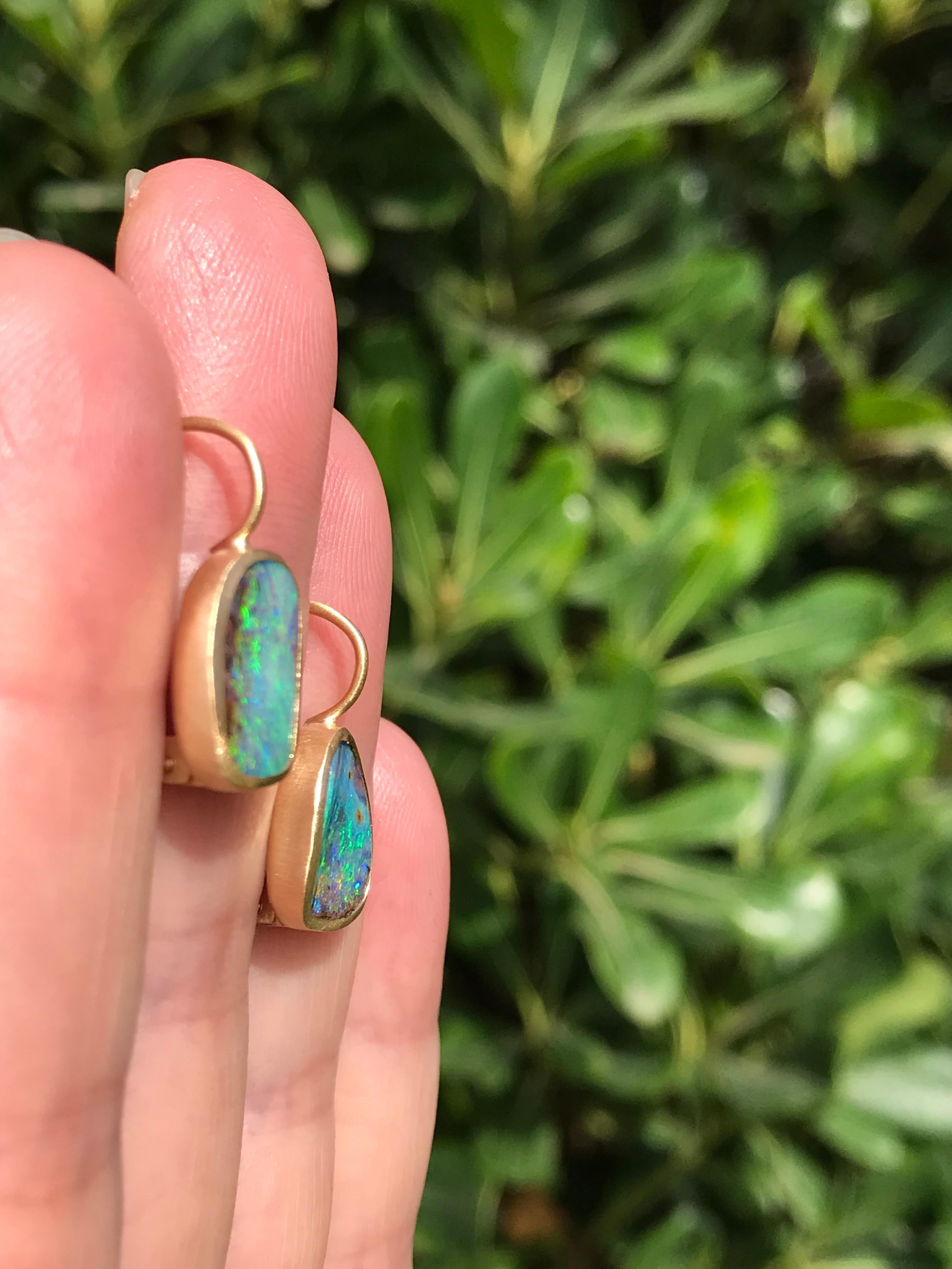Mixed Cut Dalben Blue Australian Boulder Opal Yellow Gold Earrings For Sale