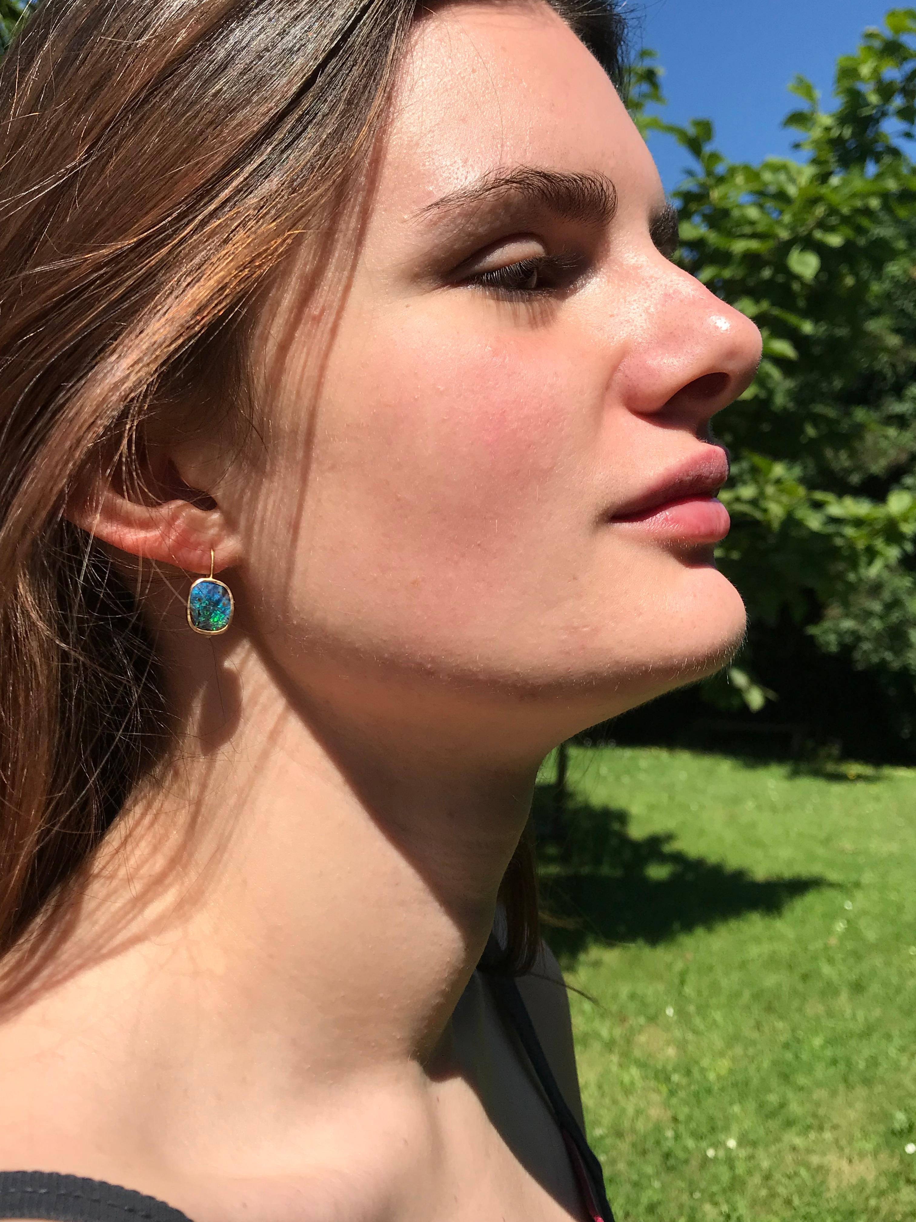 Women's Dalben Blue Australian Boulder Opal Yellow Gold Earrings For Sale
