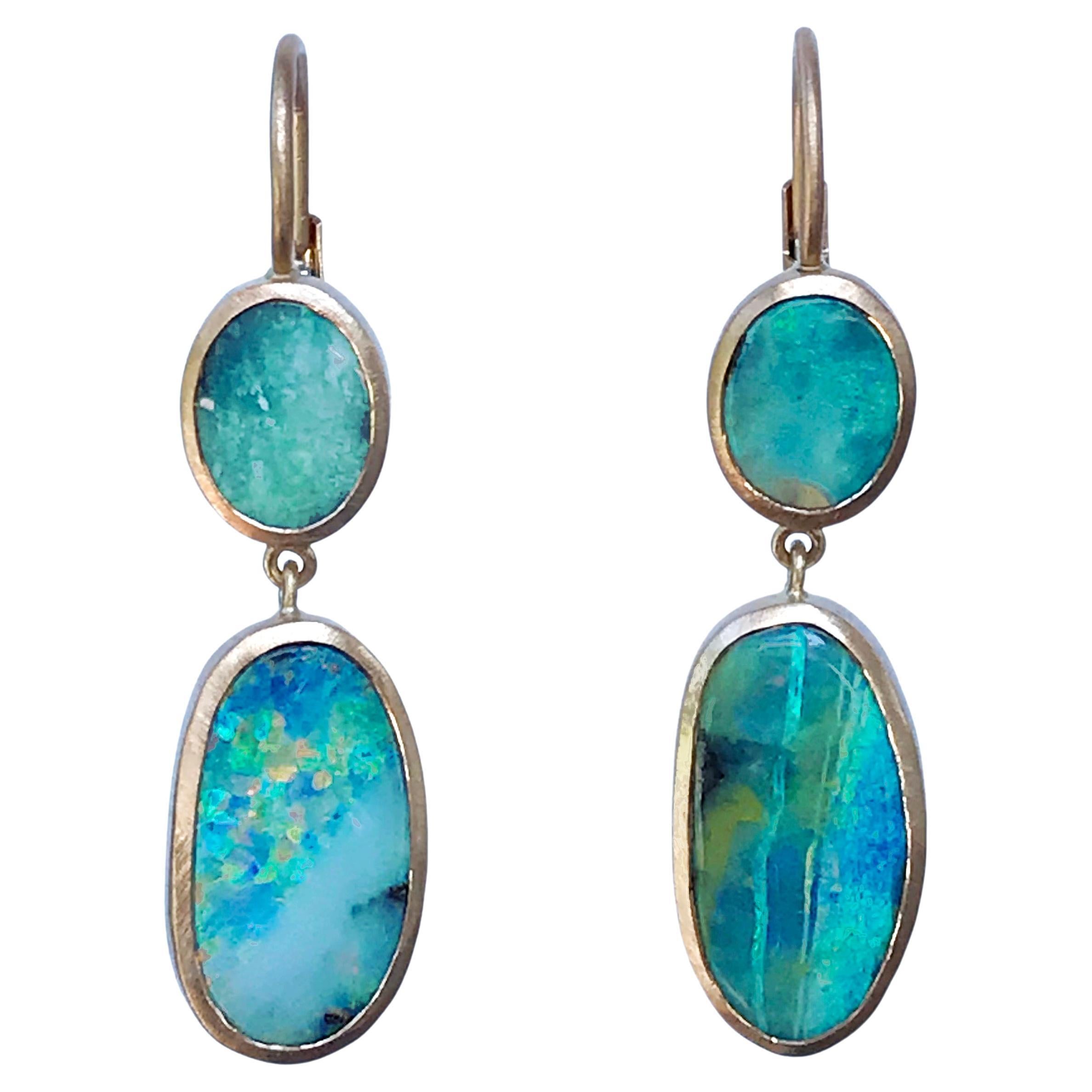 Dalben Blue Green Australian Boulder Opal Rose Gold Earrings