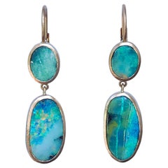 Dalben Blue Green Australian Boulder Opal Rose Gold Earrings