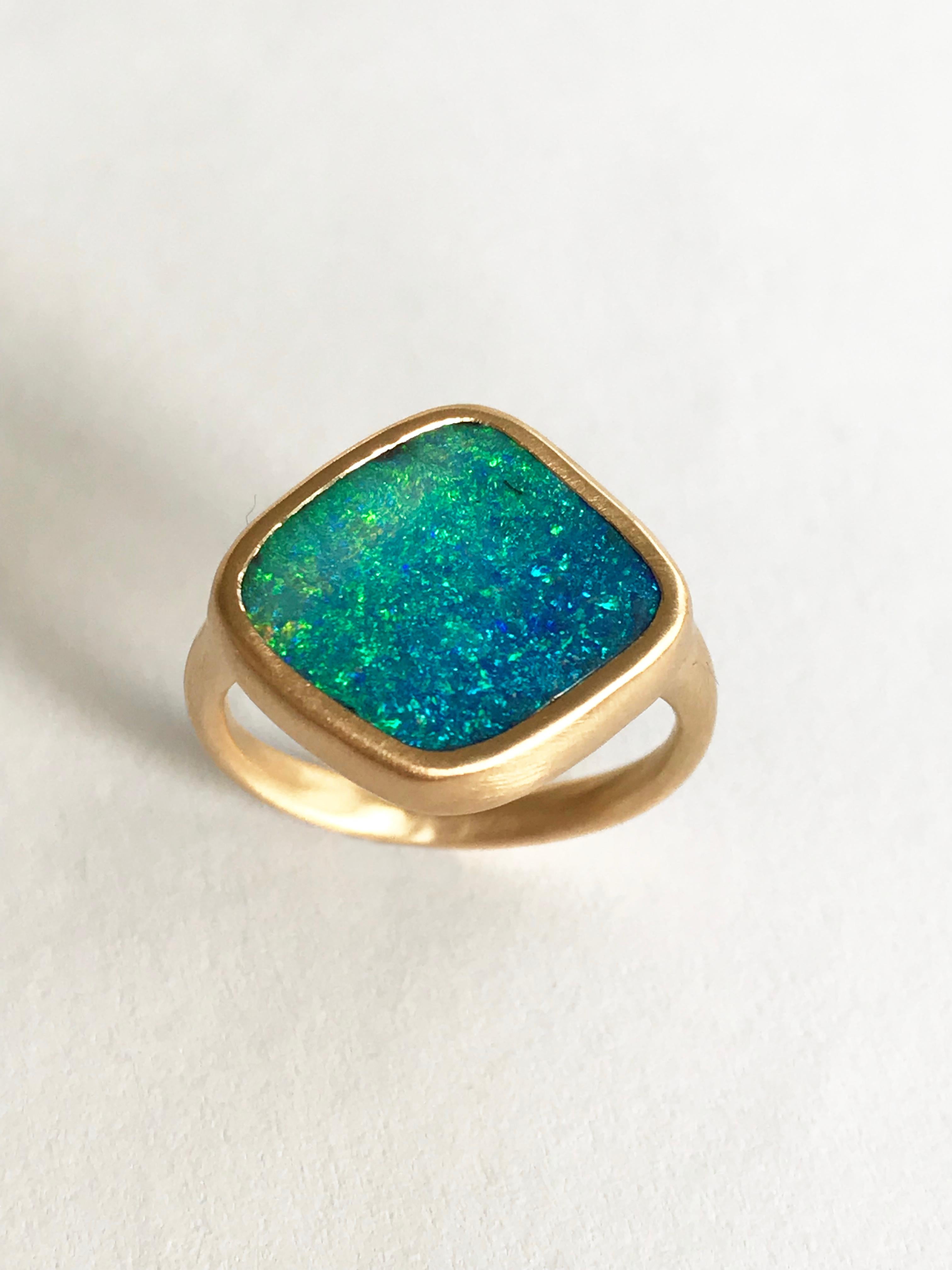Dalben Blue Green Boulder Opal Yellow Gold Ring For Sale 2