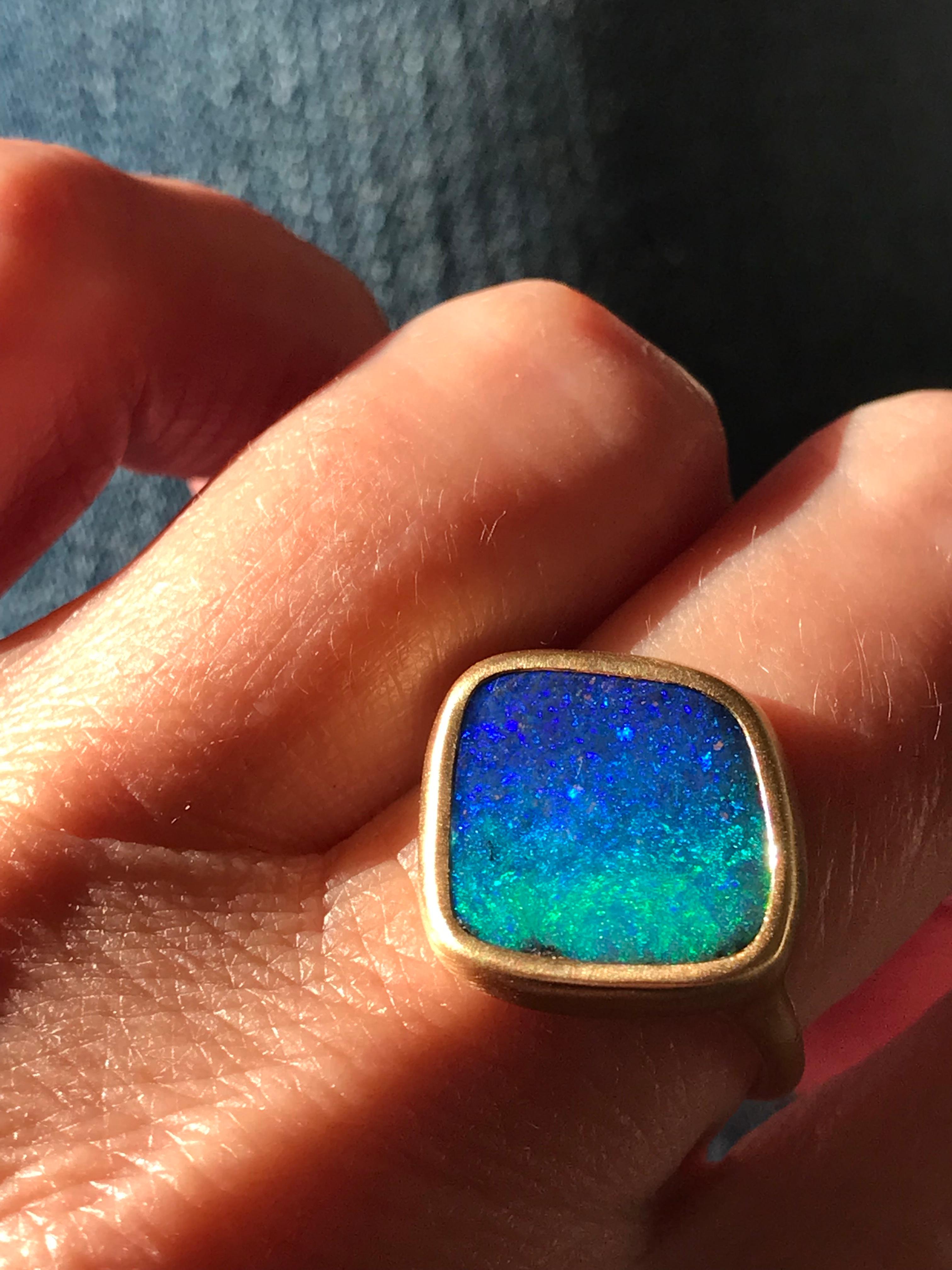 Dalben Blue Green Boulder Opal Yellow Gold Ring For Sale 5