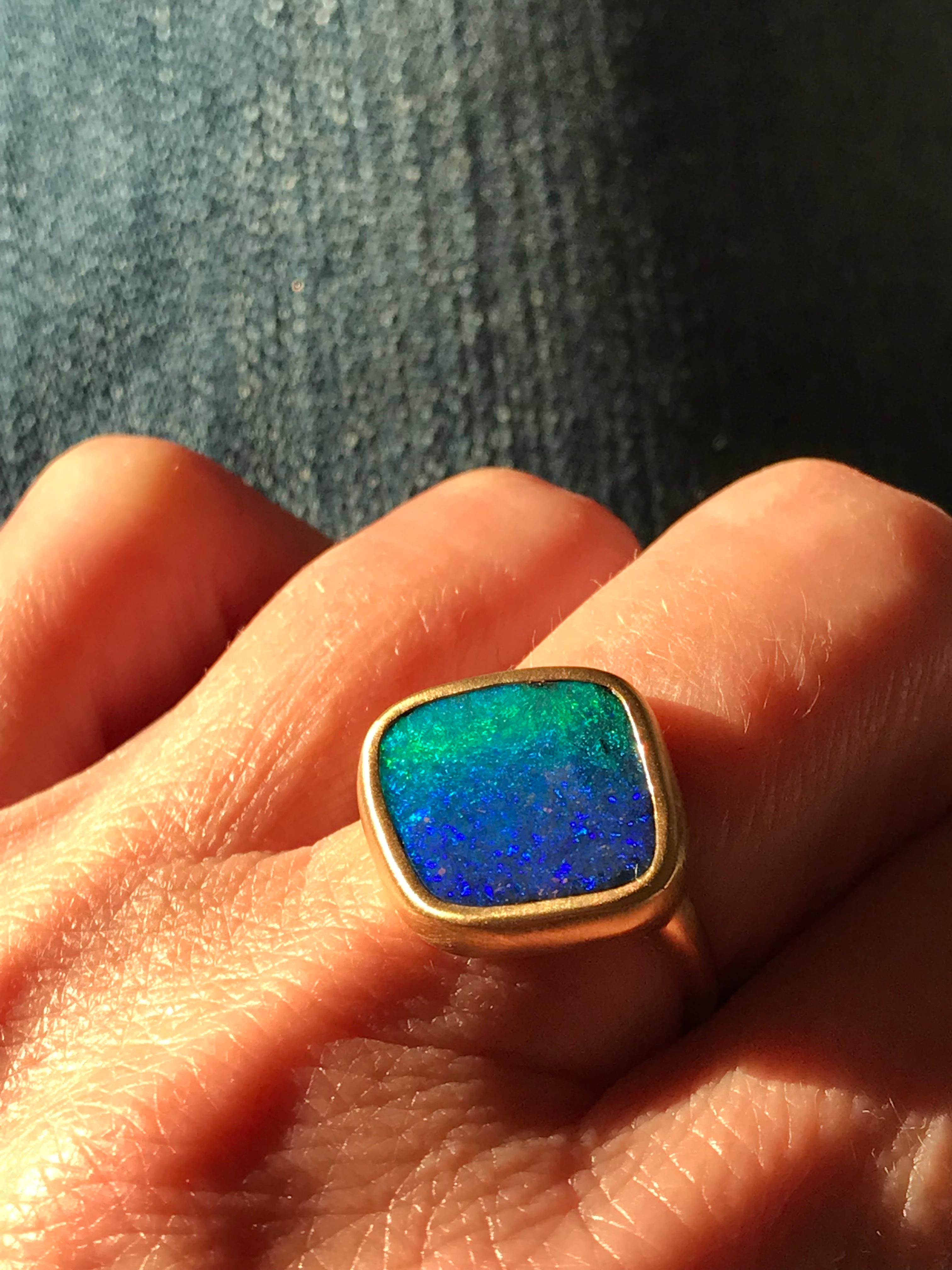 Dalben Blue Green Boulder Opal Yellow Gold Ring For Sale 6