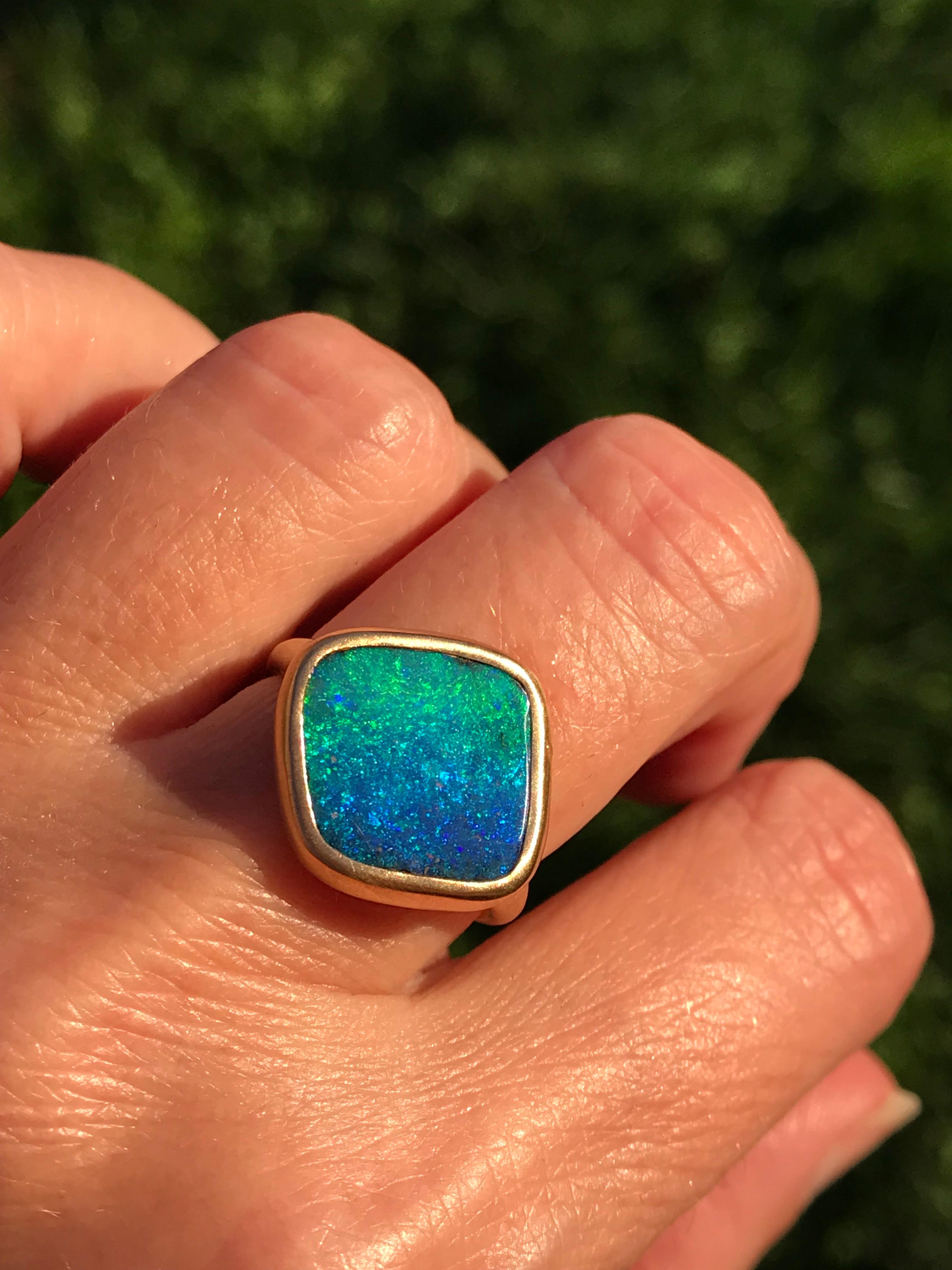 Dalben design One of a kind 18 kt yellow  gold satin finishing ring with a blue green colors solid Australian Boulder Opal rhombus shape weight 4,63 carats  .
Ring size  US 7   -  EU 54+ re-sizable .  
Bezels setting dimension:  
max width 17,5 mm, 