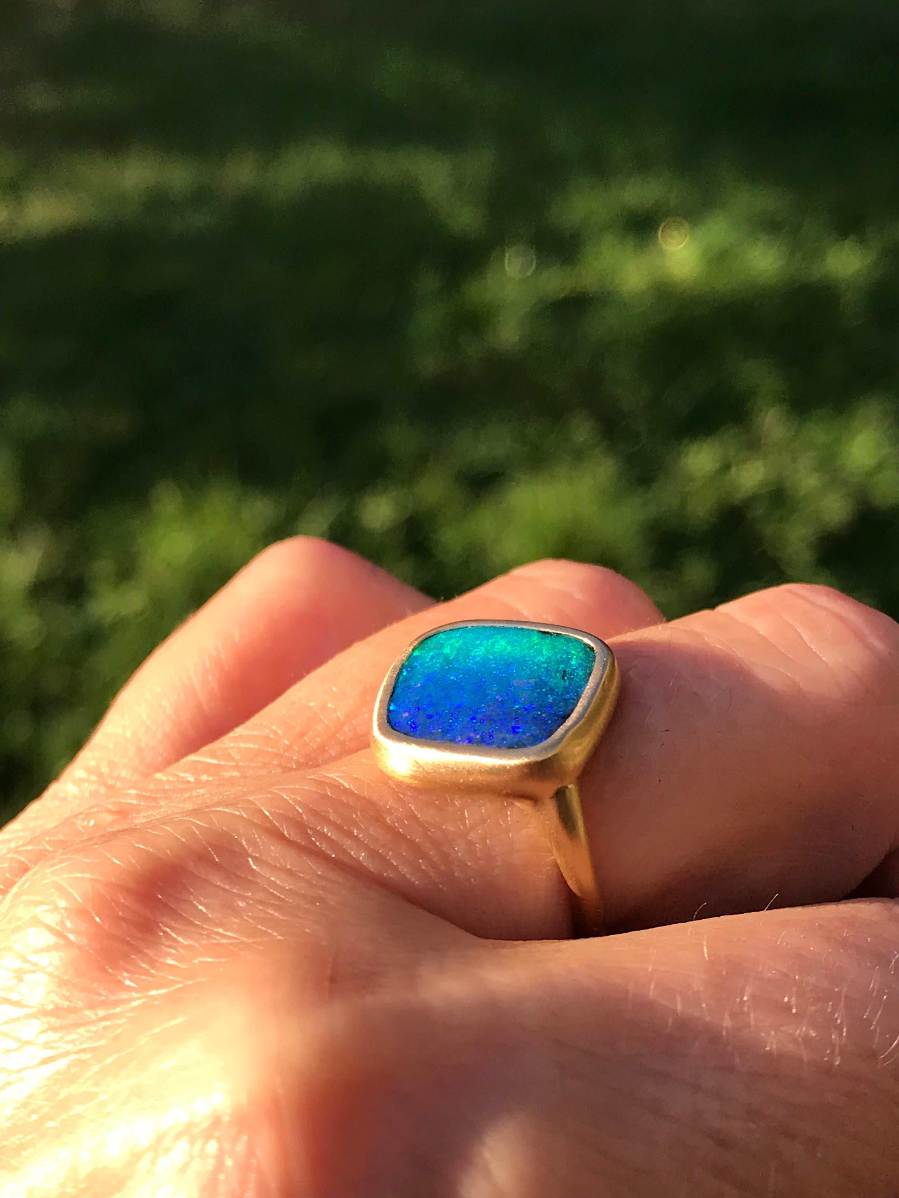 Contemporary Dalben Blue Green Boulder Opal Yellow Gold Ring For Sale