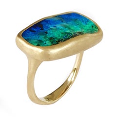 Dalben Blue Green Rectangular Boulder Opal Yellow Gold Ring