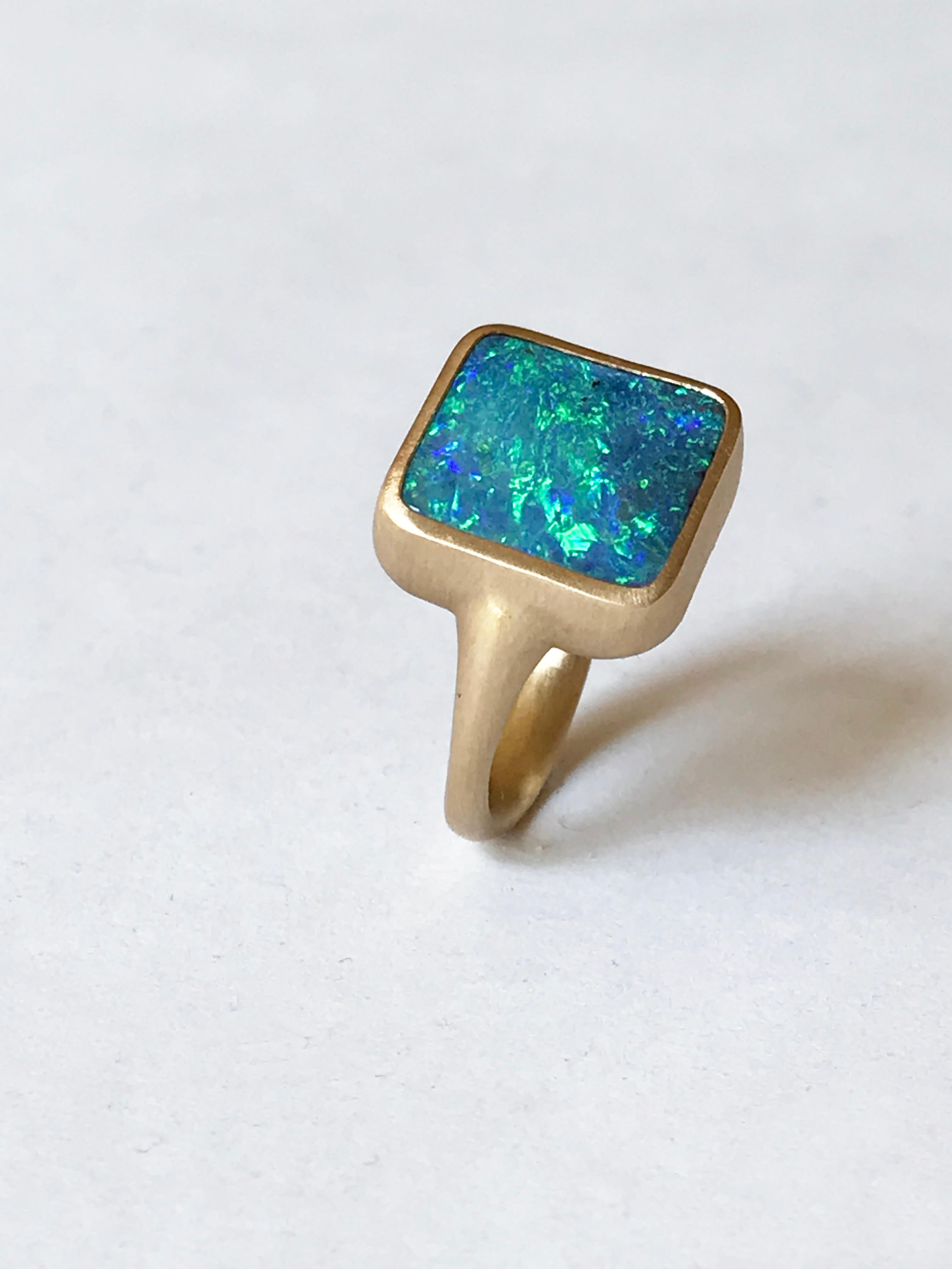 Dalben Blue Green Square Boulder Opal Yellow Gold Ring For Sale 3