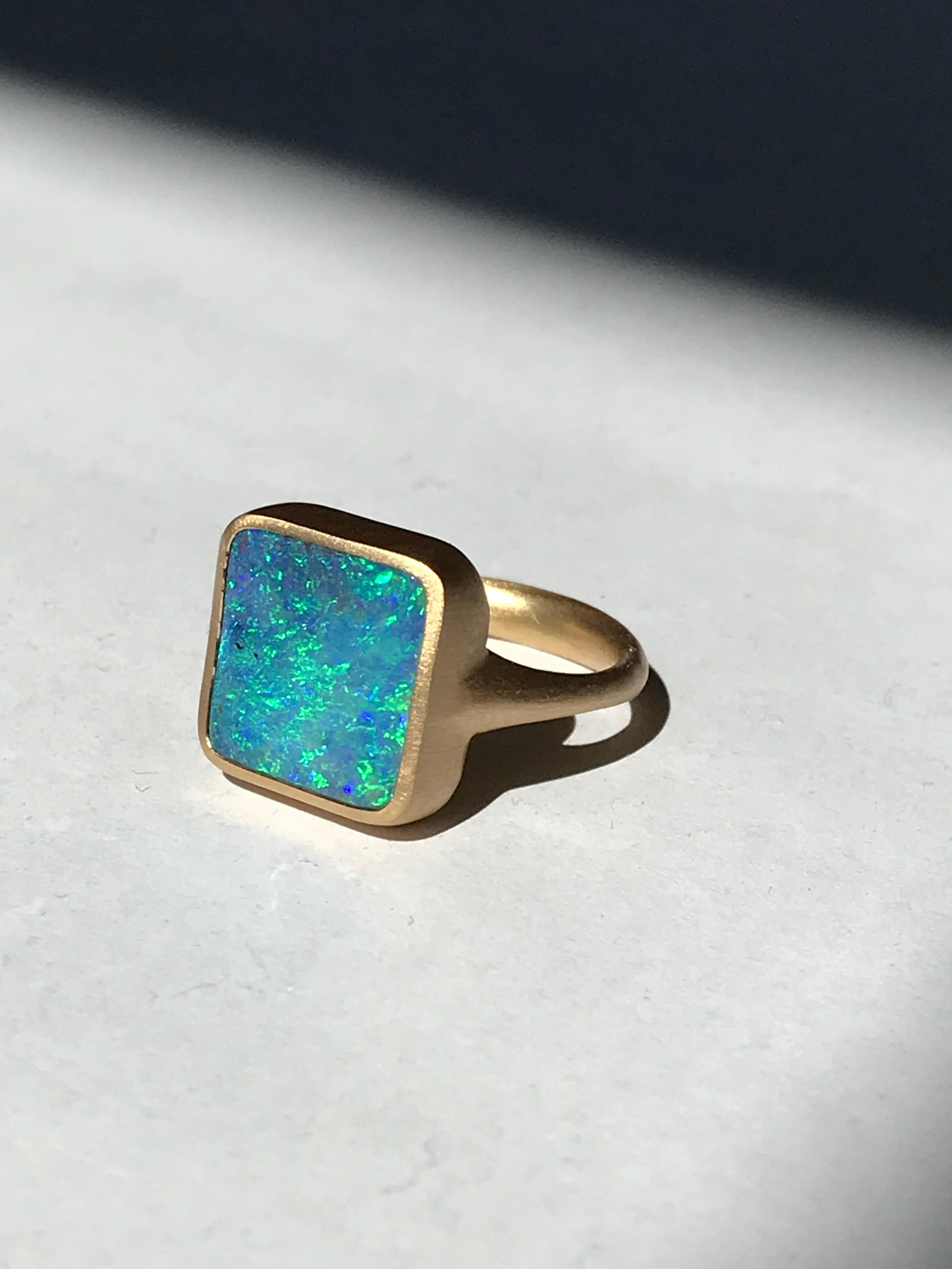 Dalben Blue Green Square Boulder Opal Yellow Gold Ring For Sale 5