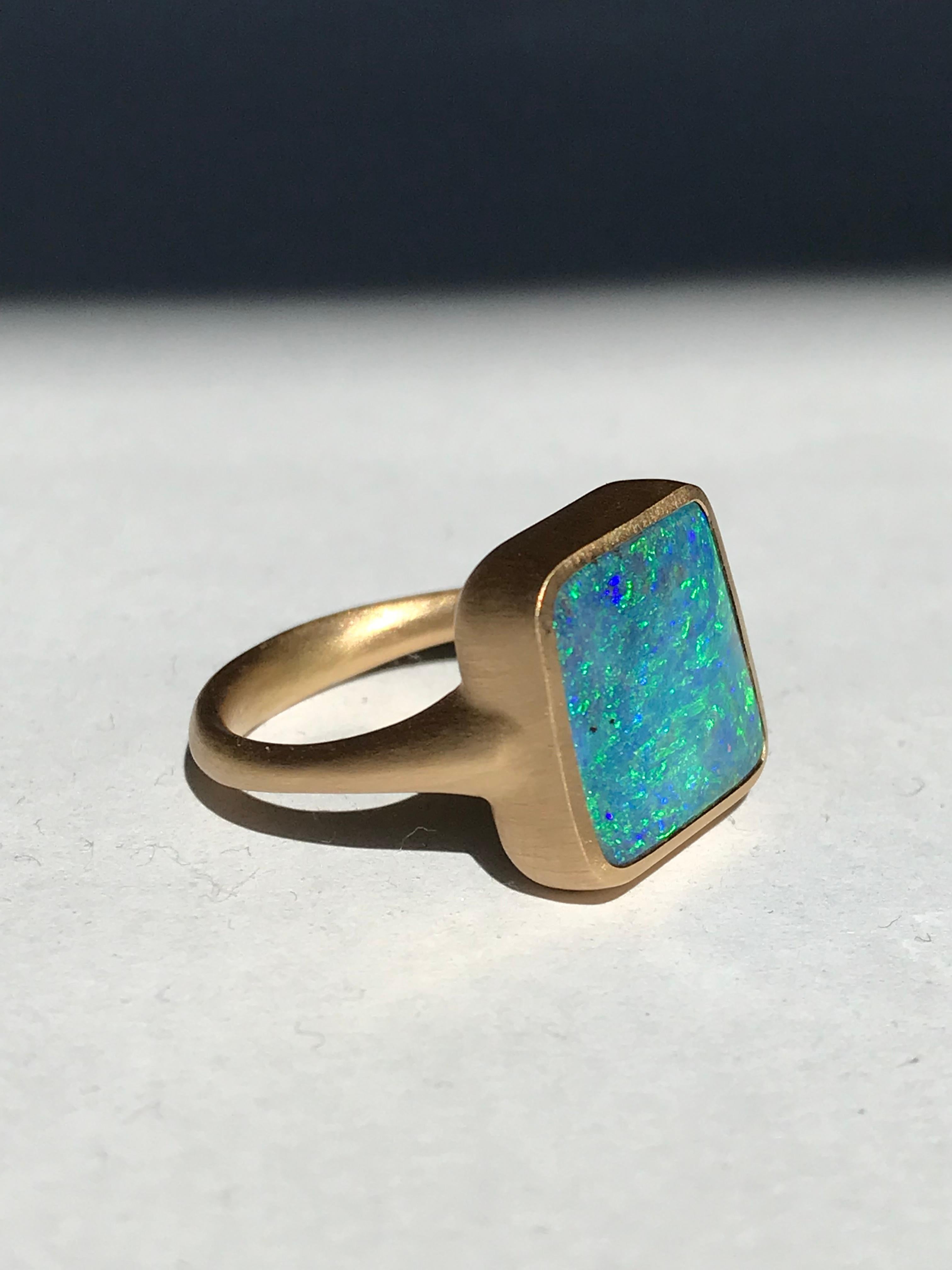 Dalben Blue Green Square Boulder Opal Yellow Gold Ring For Sale 6