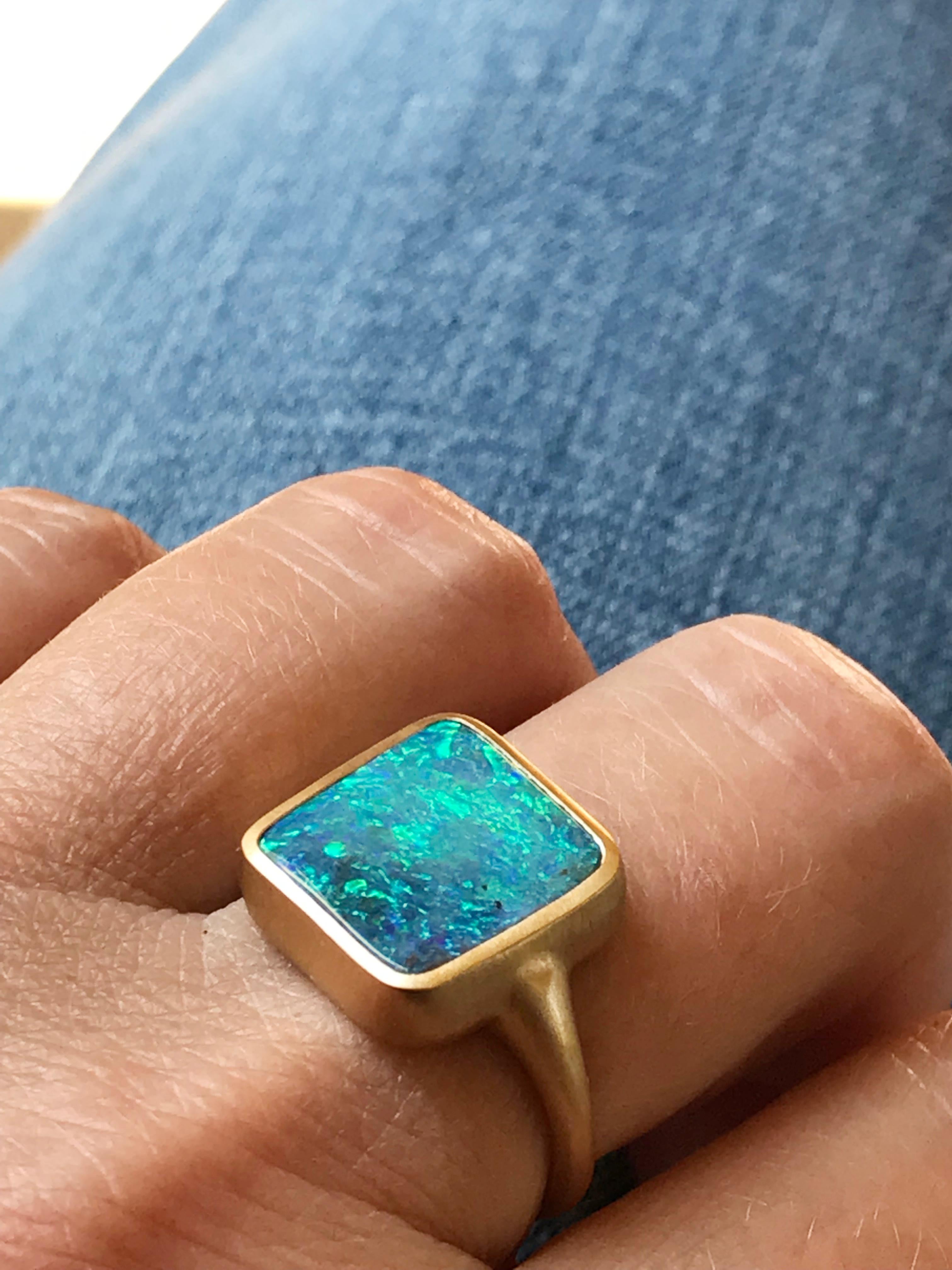 Dalben Blue Green Square Boulder Opal Yellow Gold Ring For Sale 7