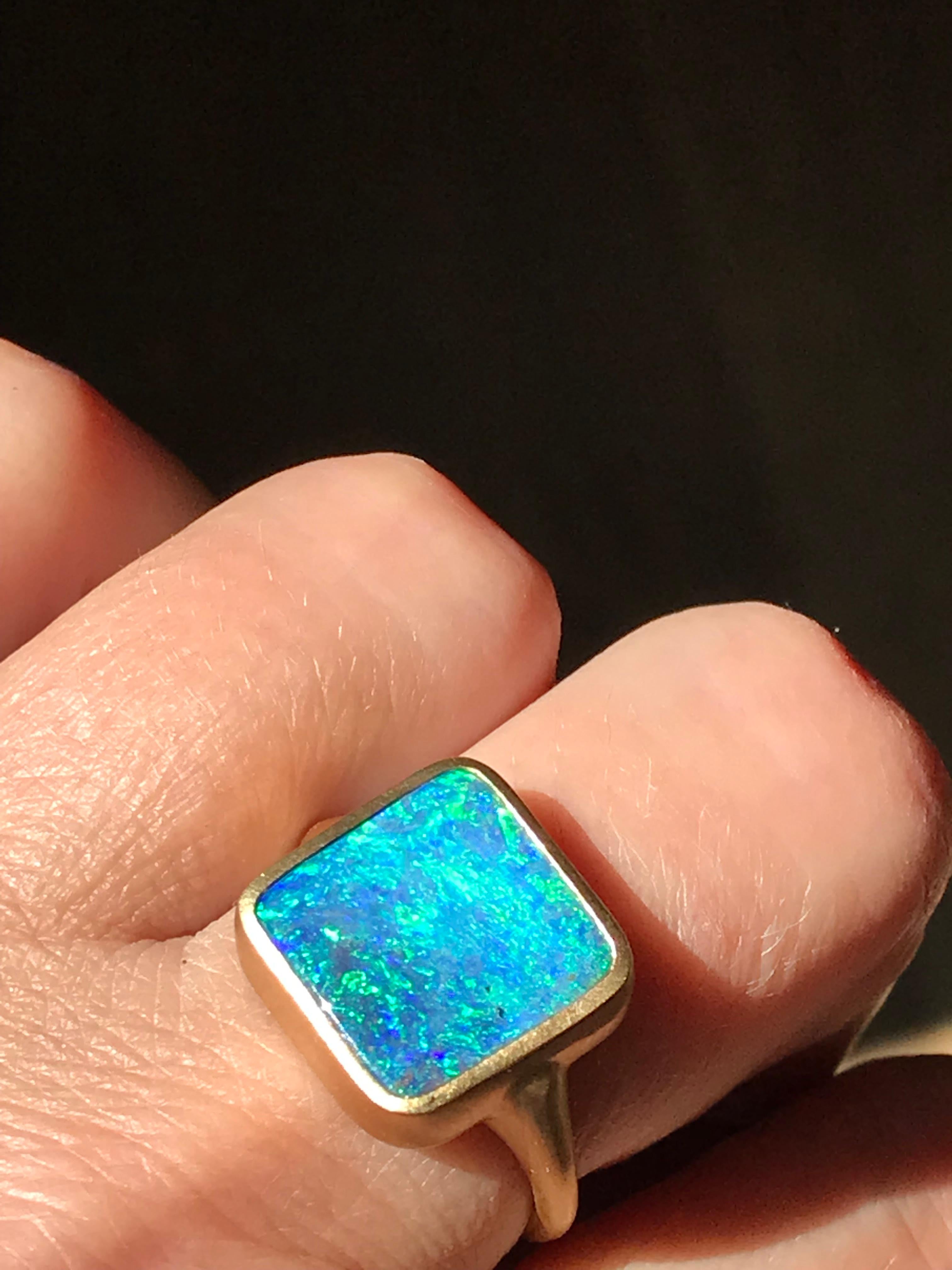 Dalben Blue Green Square Boulder Opal Yellow Gold Ring For Sale 8