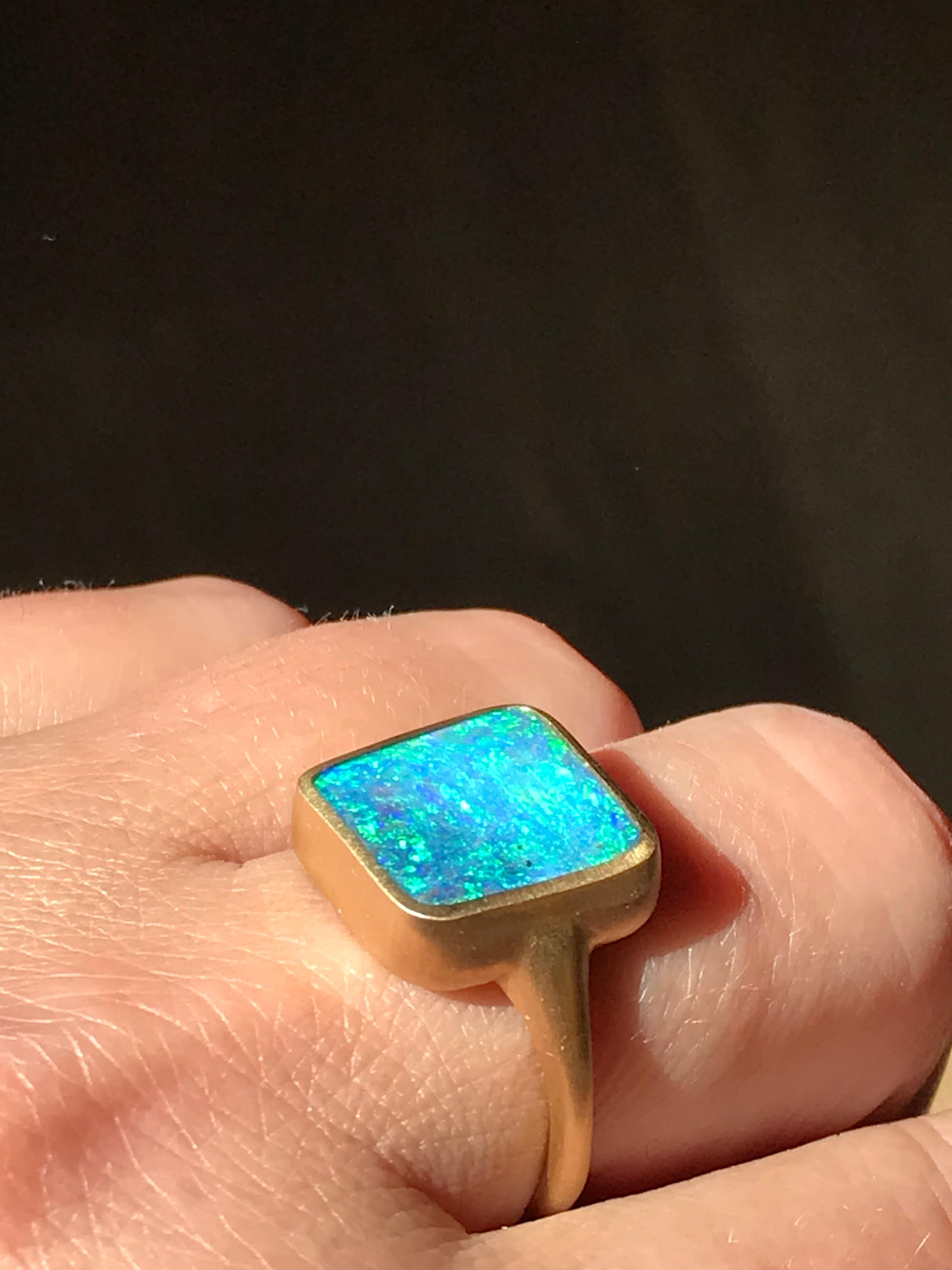 Dalben Blue Green Square Boulder Opal Yellow Gold Ring For Sale 9