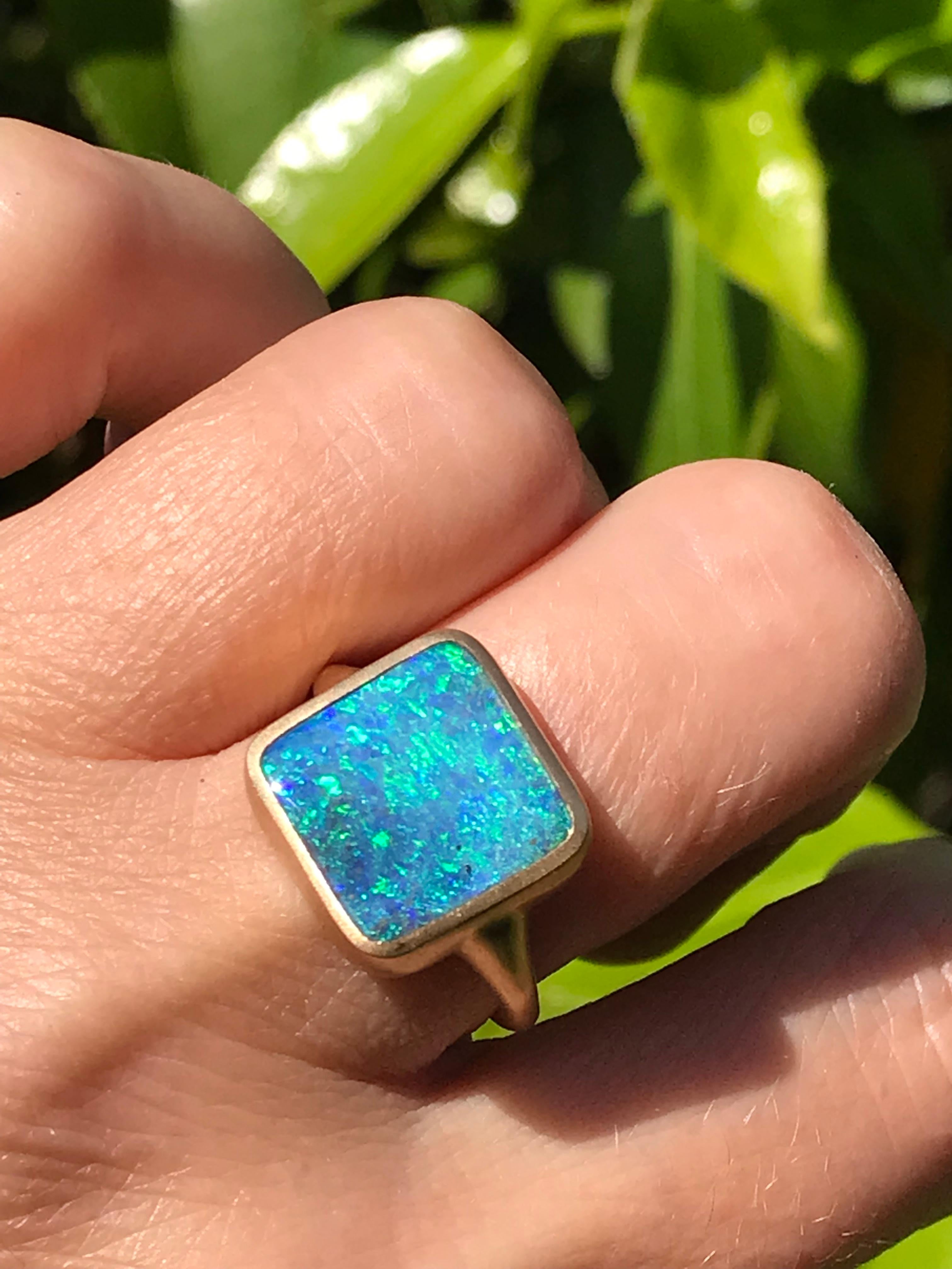 Dalben design One of a kind 18 kt yellow  gold satin finishing ring with  blue green colors solid Australian Boulder Opal square shape weight 6,89 carats  .
Ring size  US 6 3/4 +  -  EU 54 re-sizable .  
Bezels setting dimension:  
width 13,7 mm, 