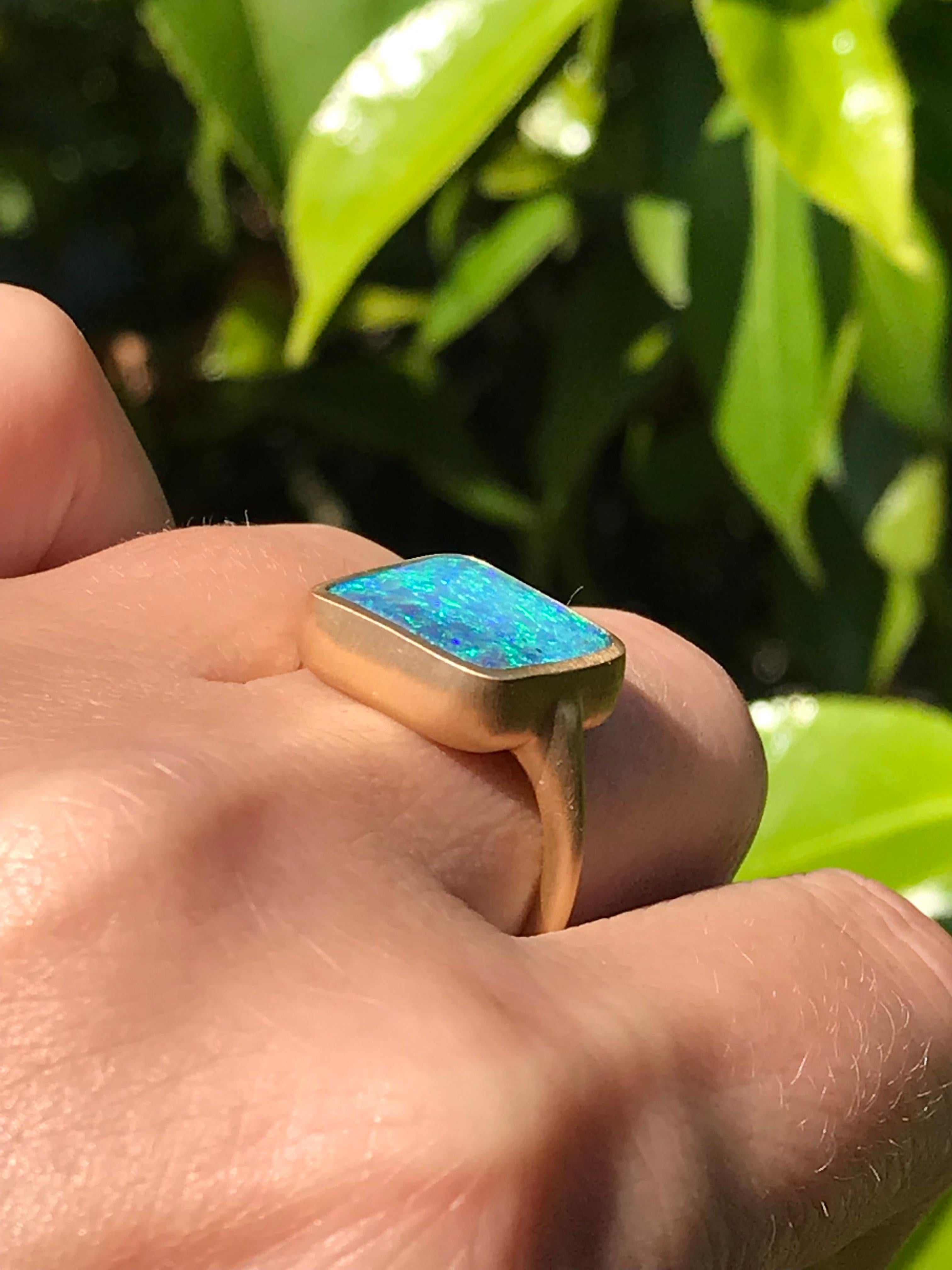 Contemporary Dalben Blue Green Square Boulder Opal Yellow Gold Ring For Sale