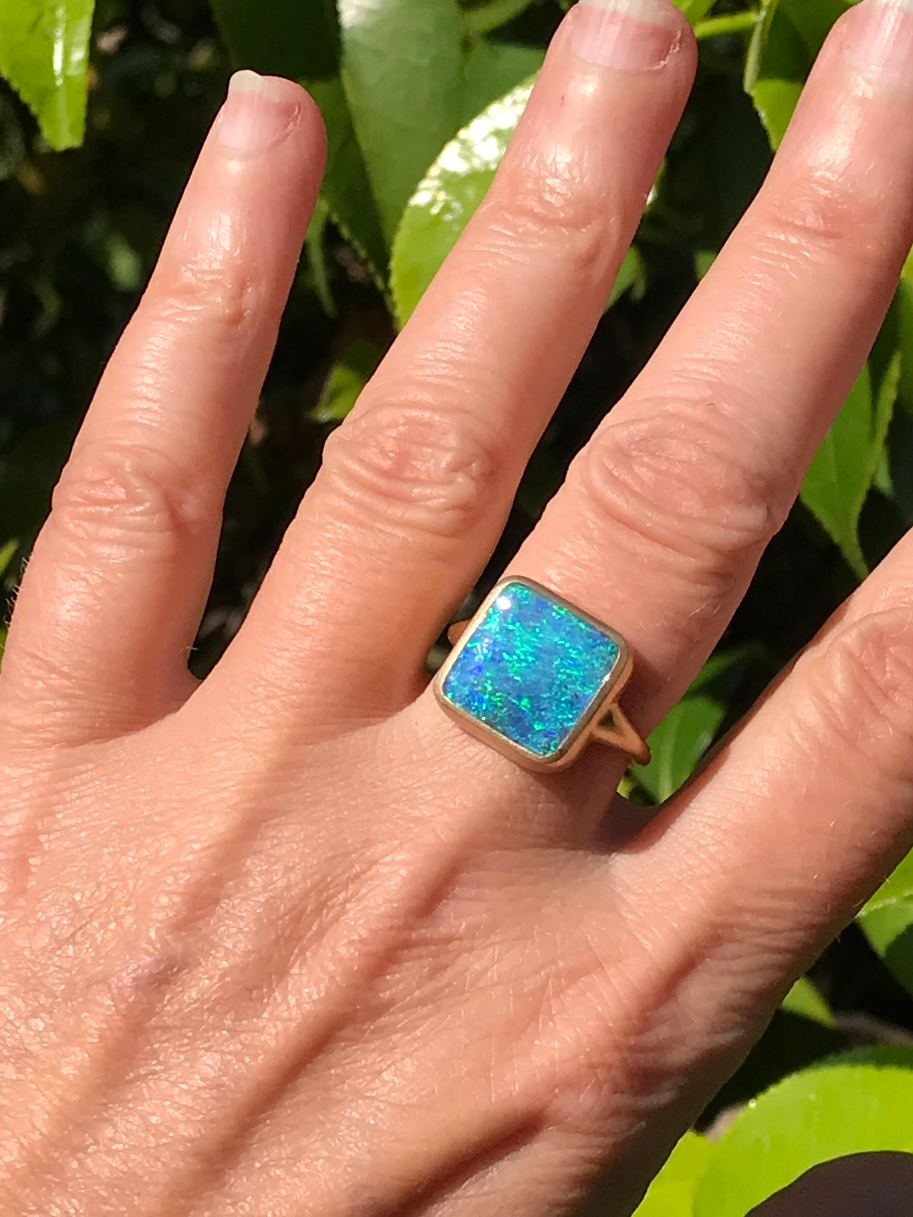 Square Cut Dalben Blue Green Square Boulder Opal Yellow Gold Ring For Sale