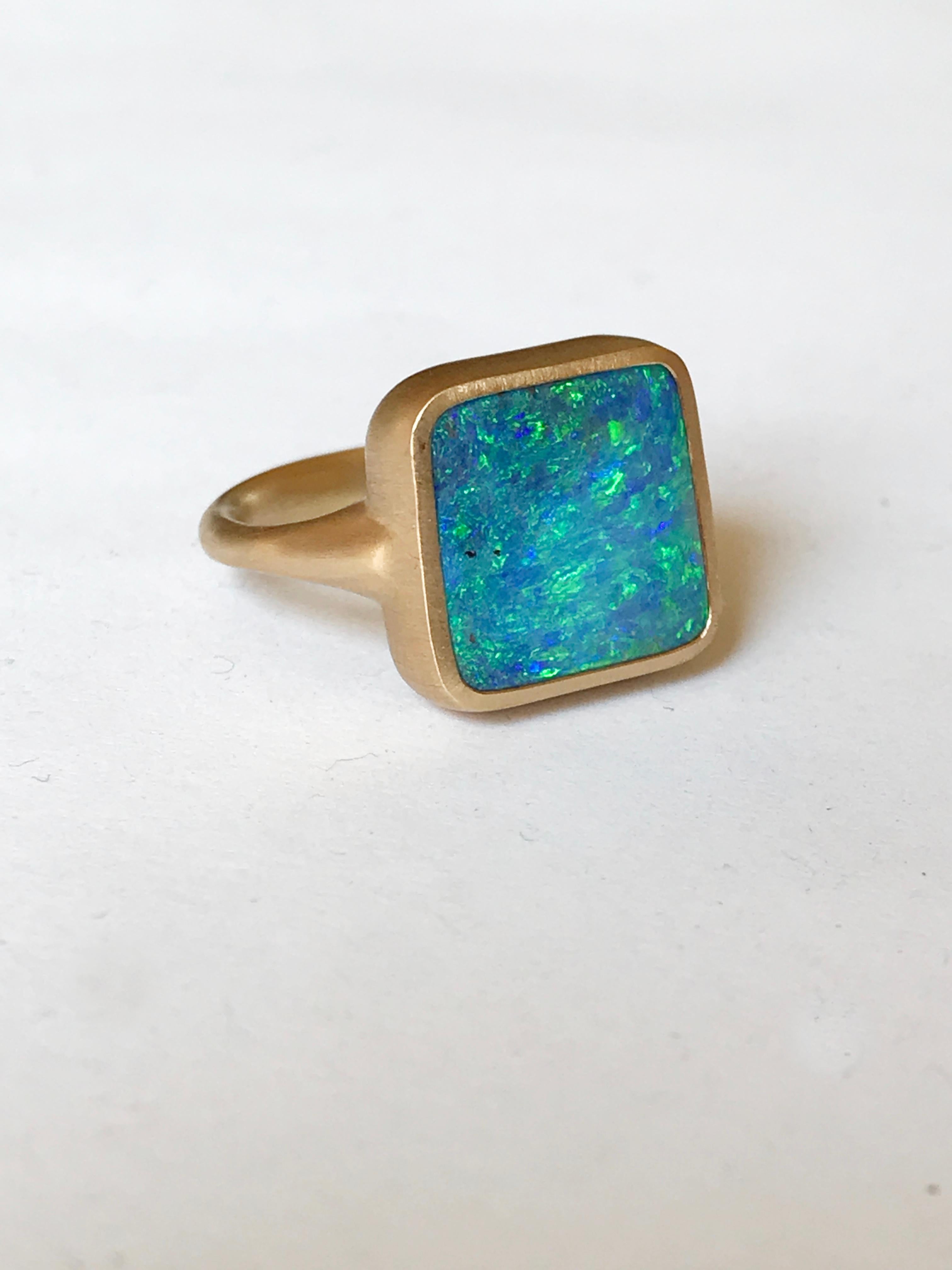 Dalben Blue Green Square Boulder Opal Yellow Gold Ring In New Condition For Sale In Como, IT