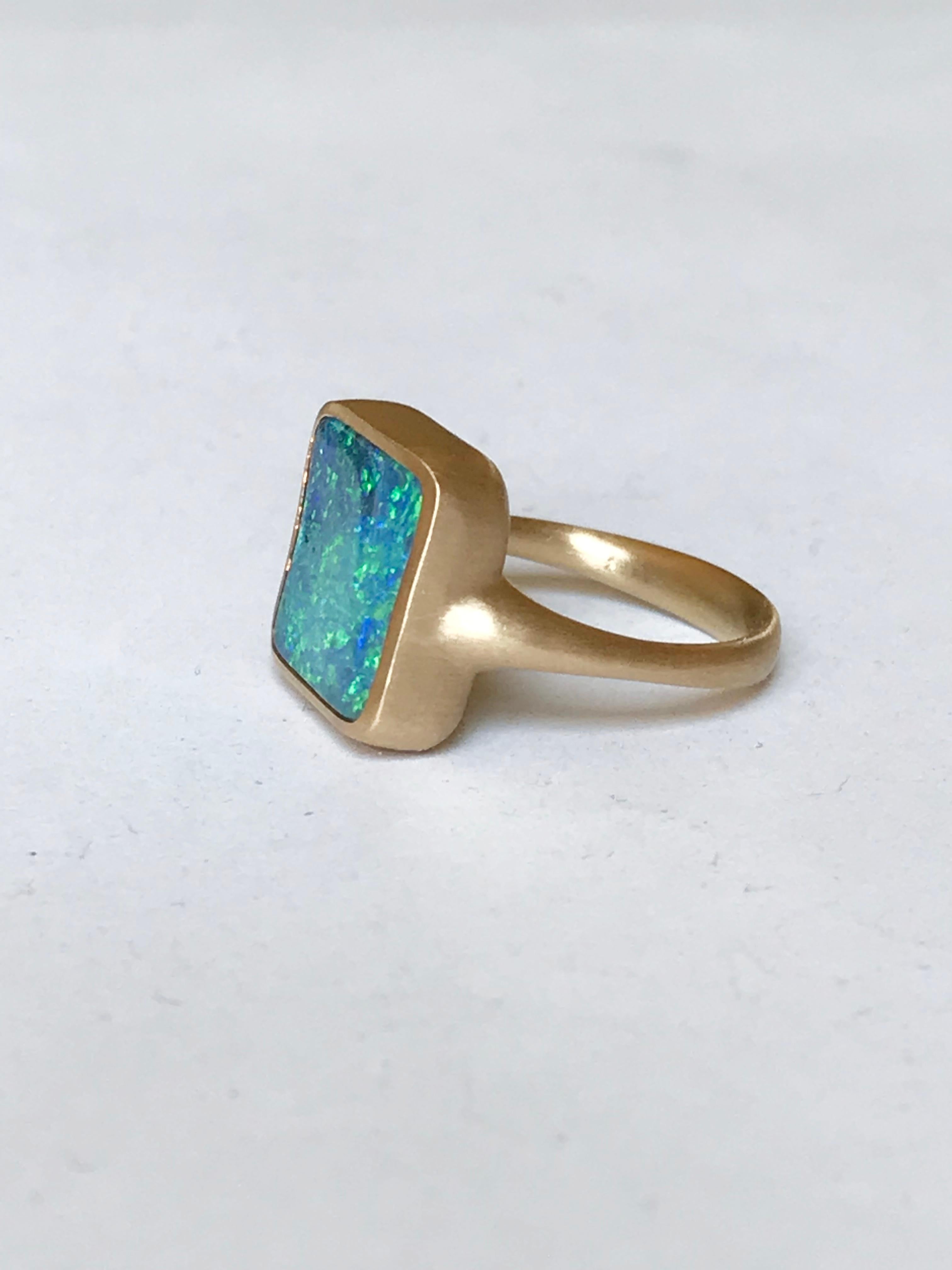 Women's Dalben Blue Green Square Boulder Opal Yellow Gold Ring For Sale