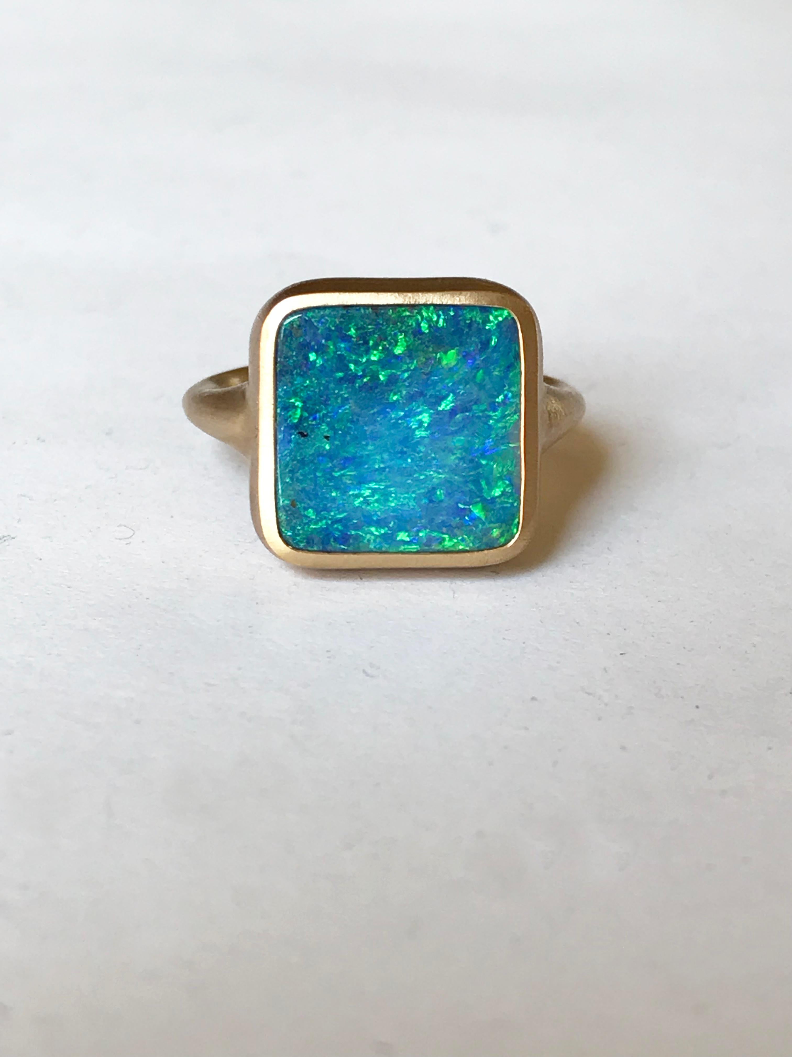 Dalben Blue Green Square Boulder Opal Yellow Gold Ring For Sale 1